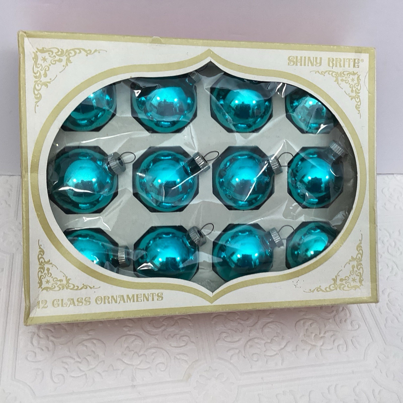 Set/12 Vintage Shiny Brite Blown Glass Ornaments Turquoise/Aqua 1.75” Boxed