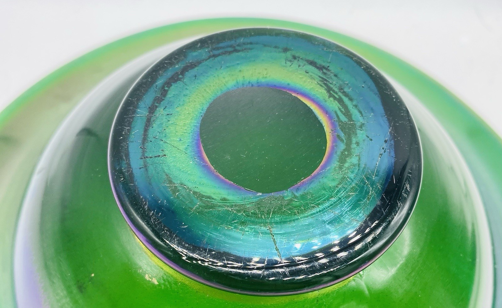 Large Art Nouveau Antique Unknown Iridescent Green Blown Glass Bowl Vase