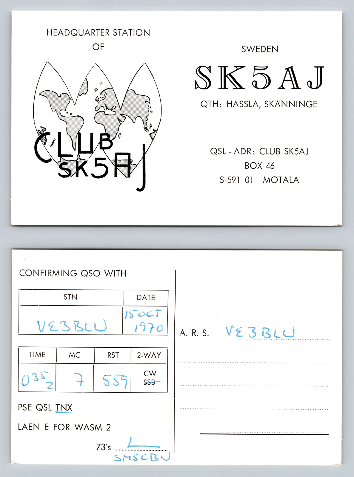Ham Radio QSL QSO Postcard SK5AJ, Motala, Östergötland, Sweden