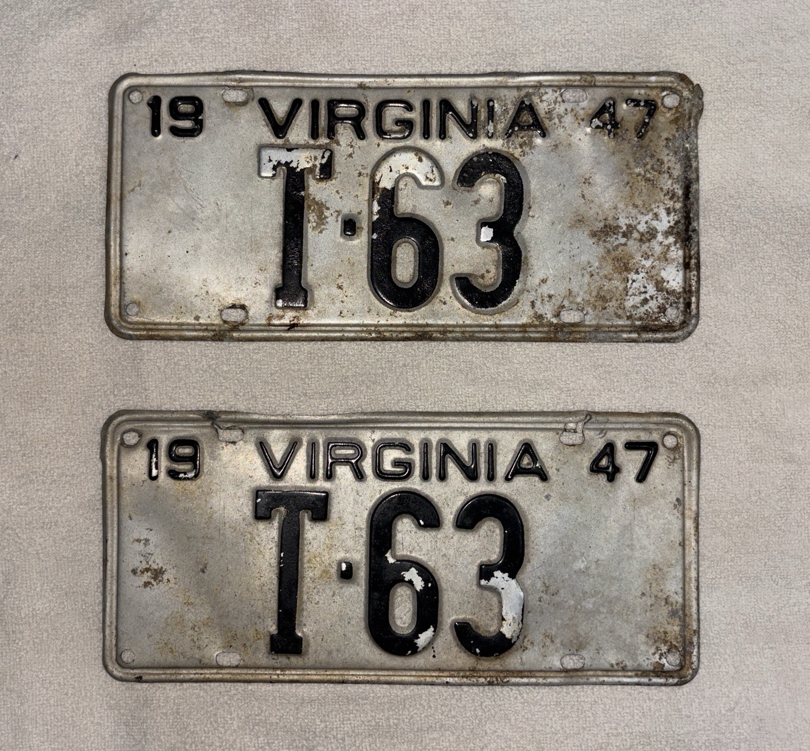 Pair of 1947 Virginia License Plates-Low Number  3 Digit Tag T-63