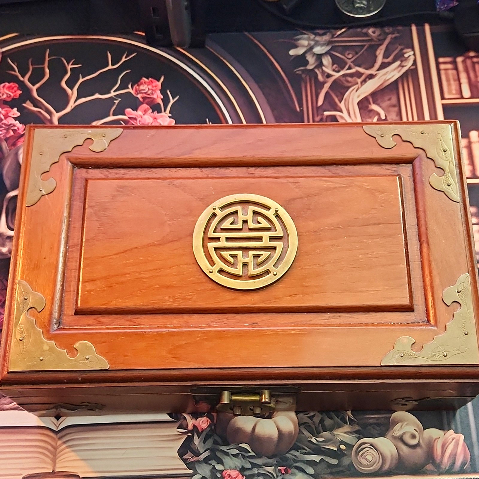 Vintage Chinese Rosewood Brass Jewelry Box Longevity Shou Medallion Green Velvet