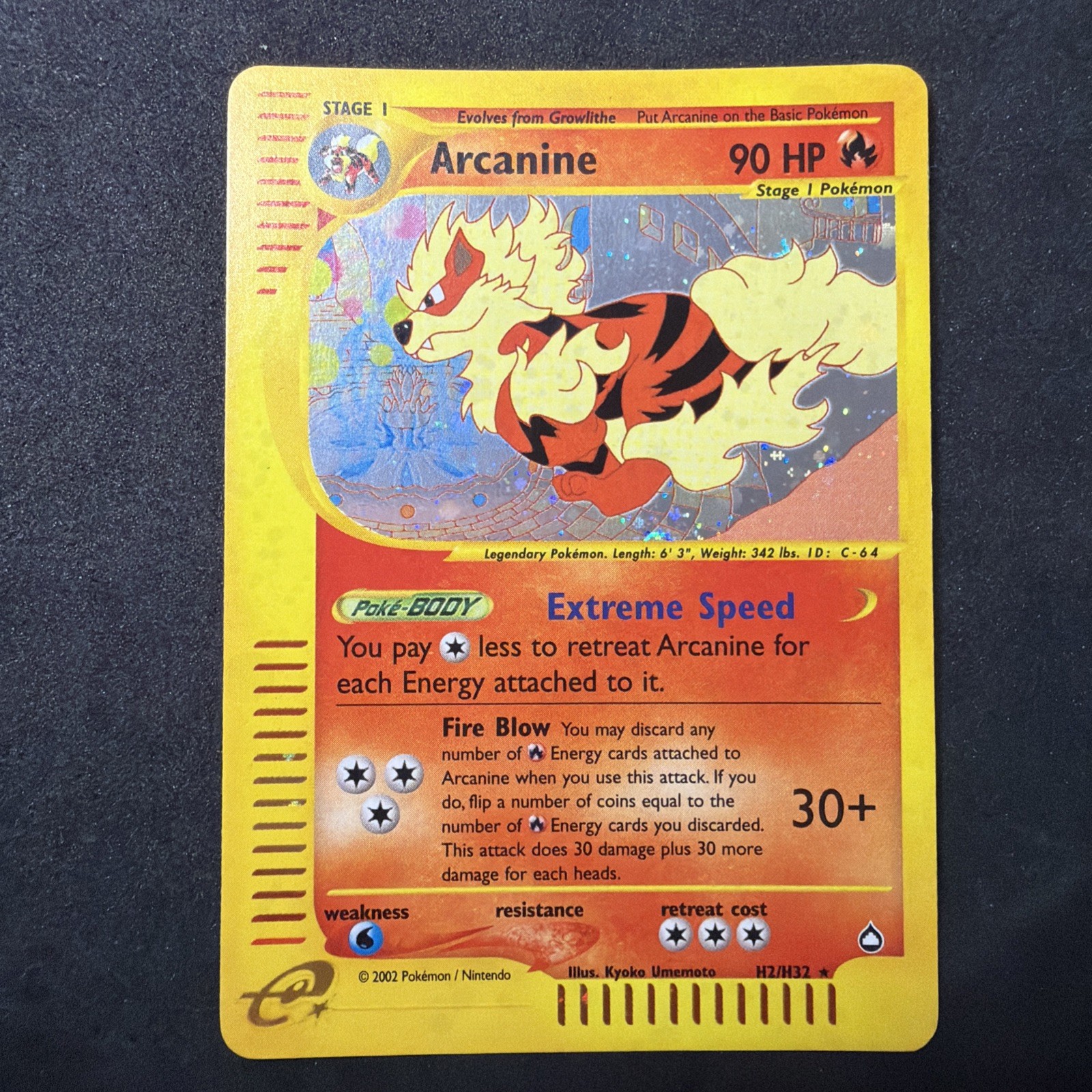 2003 RARE Pokemon Card Arcanine Aquapolis Swirl H2/H32 Holo
