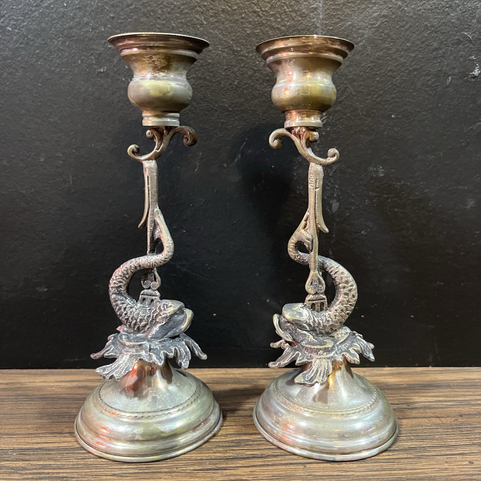 Vintage Pair 800 Silver Fish Candlestick Holders 5” Ornate Candle Holders