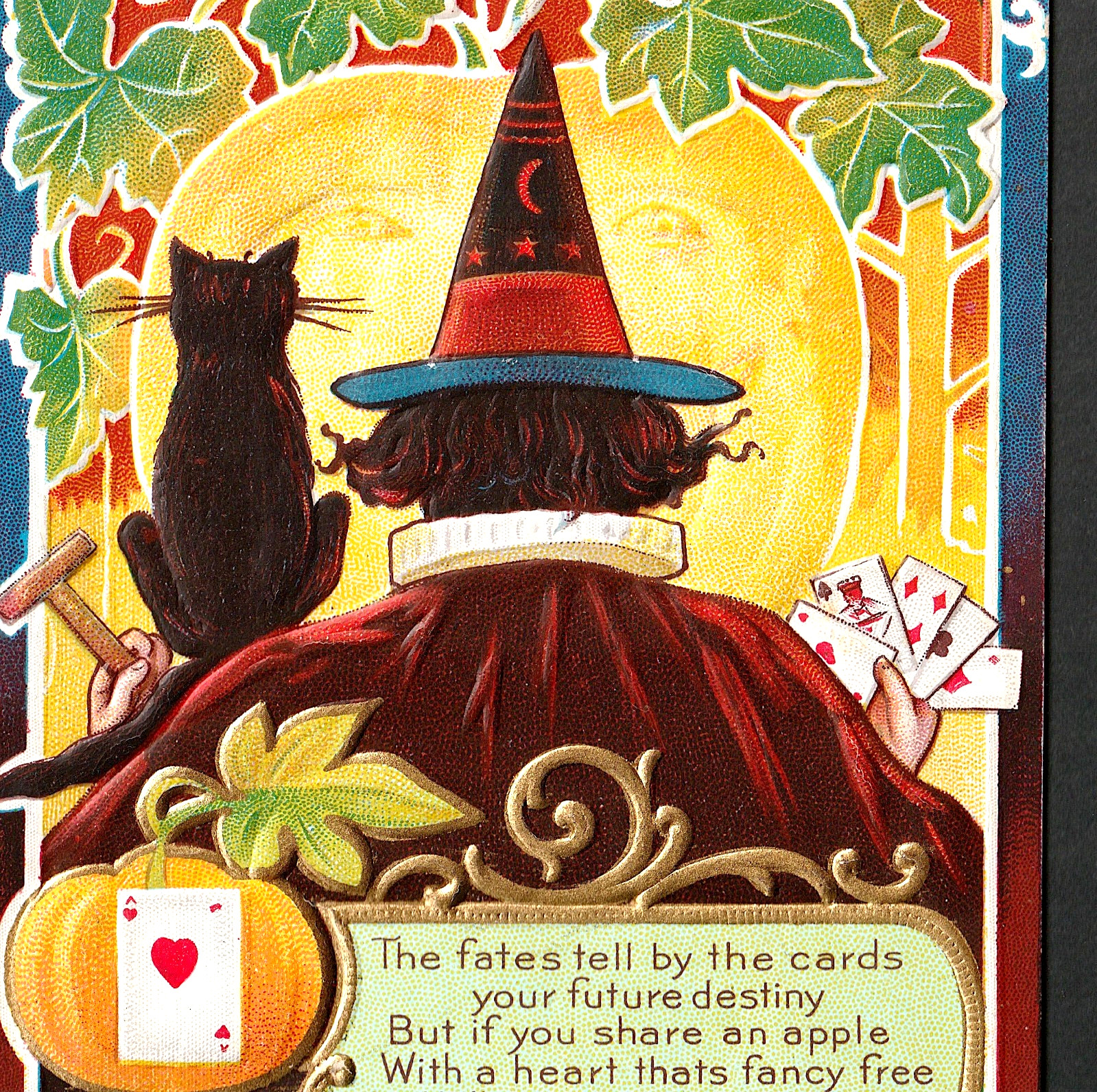 Witch 1910\'s Ace of Hearts Antique Halloween Midnight Cat Nash PostCard SR.H.wA