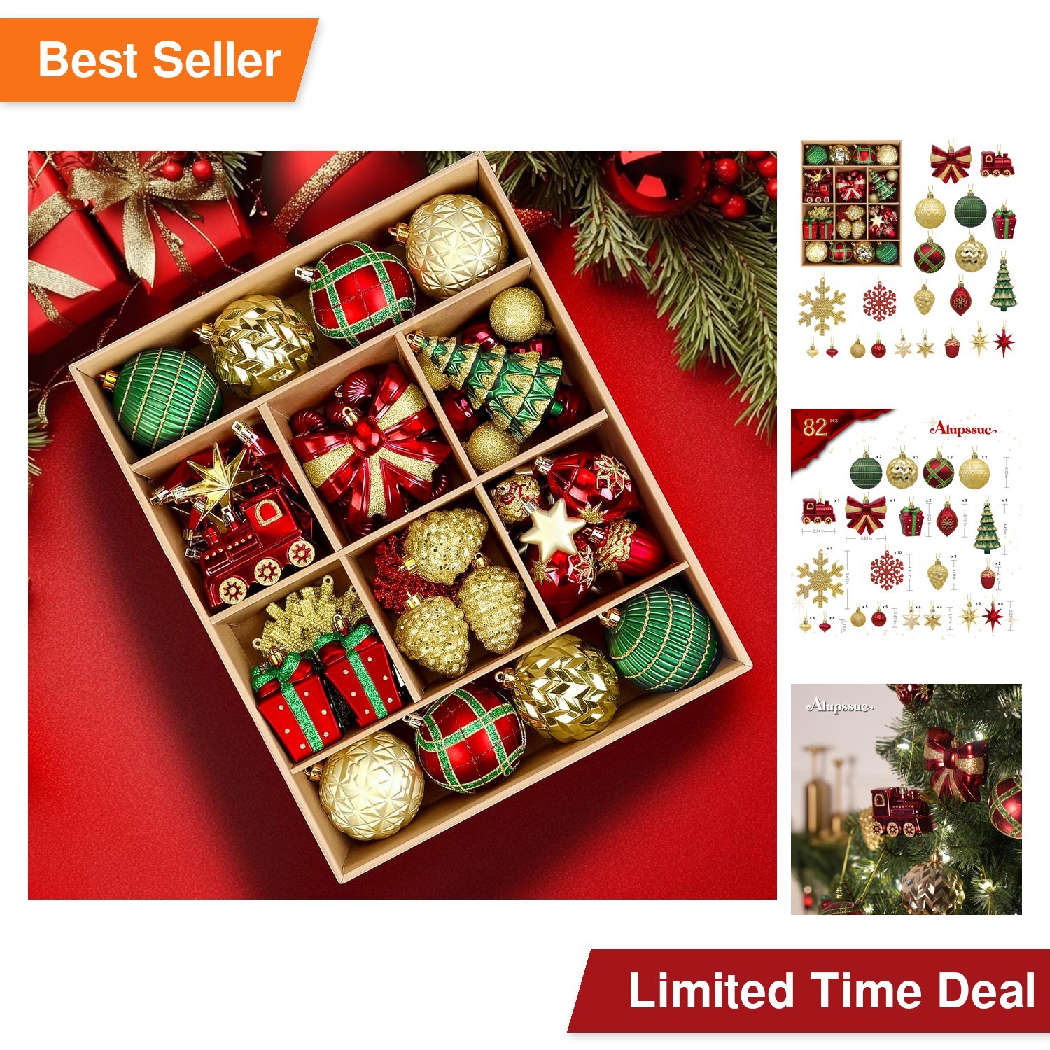 Alupssuc 82pcs Classic Christmas Balls Ornaments Set, Red, Green and Gold