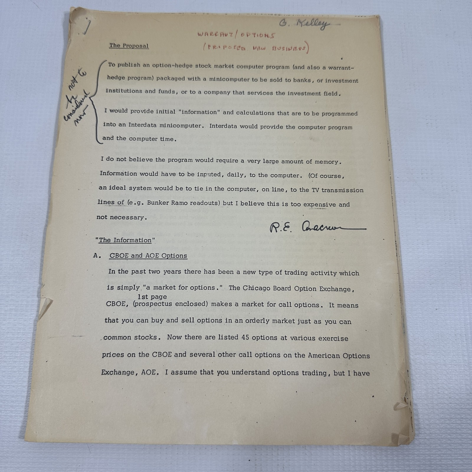 Vintage 1970s Warrant Options Computer Proposal CBOE Interdata Thorp Hedging