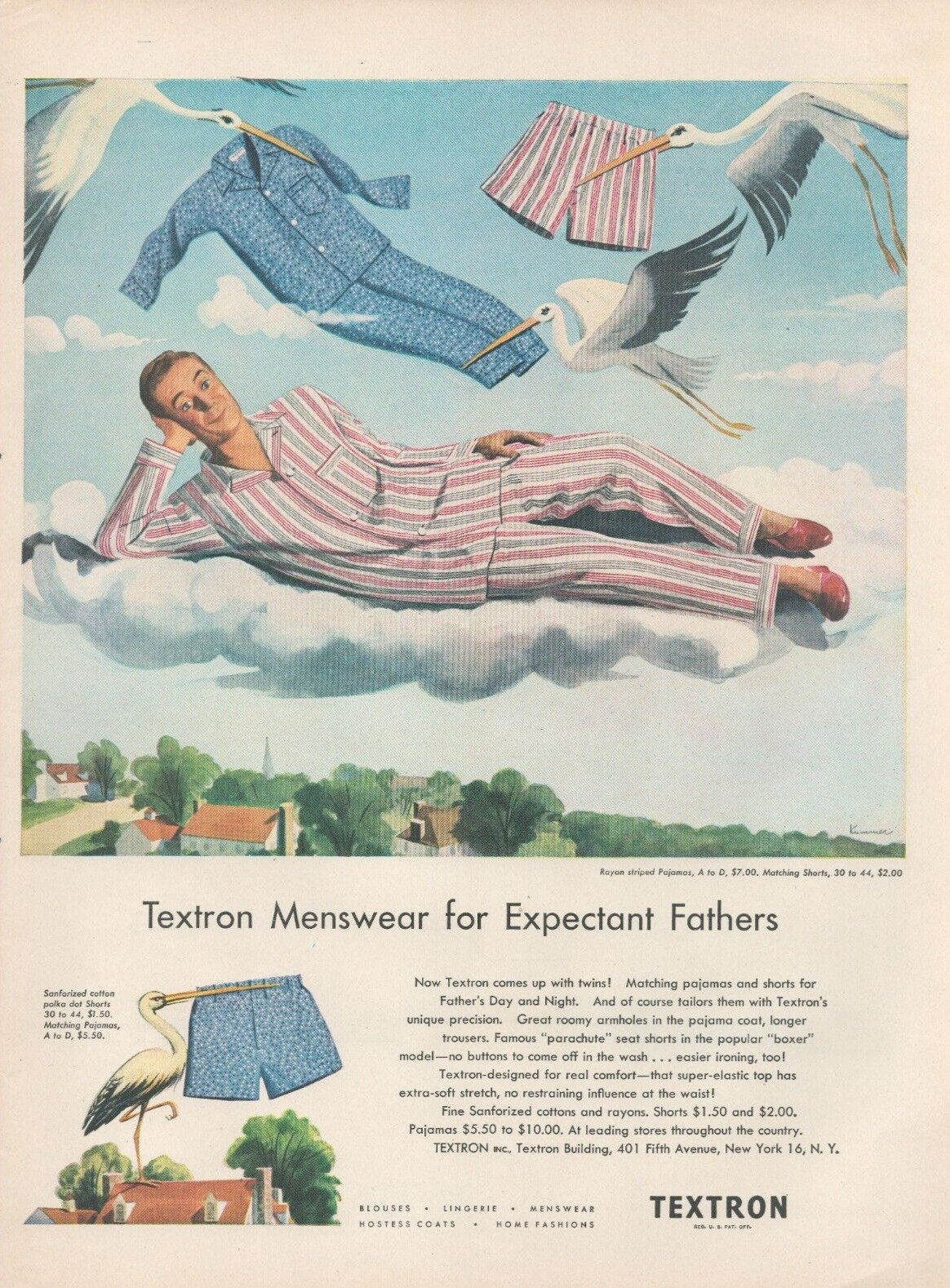 1947 Textron Menswear Expectant Fathers Day Cloud Pajamas Vintage Print Ad