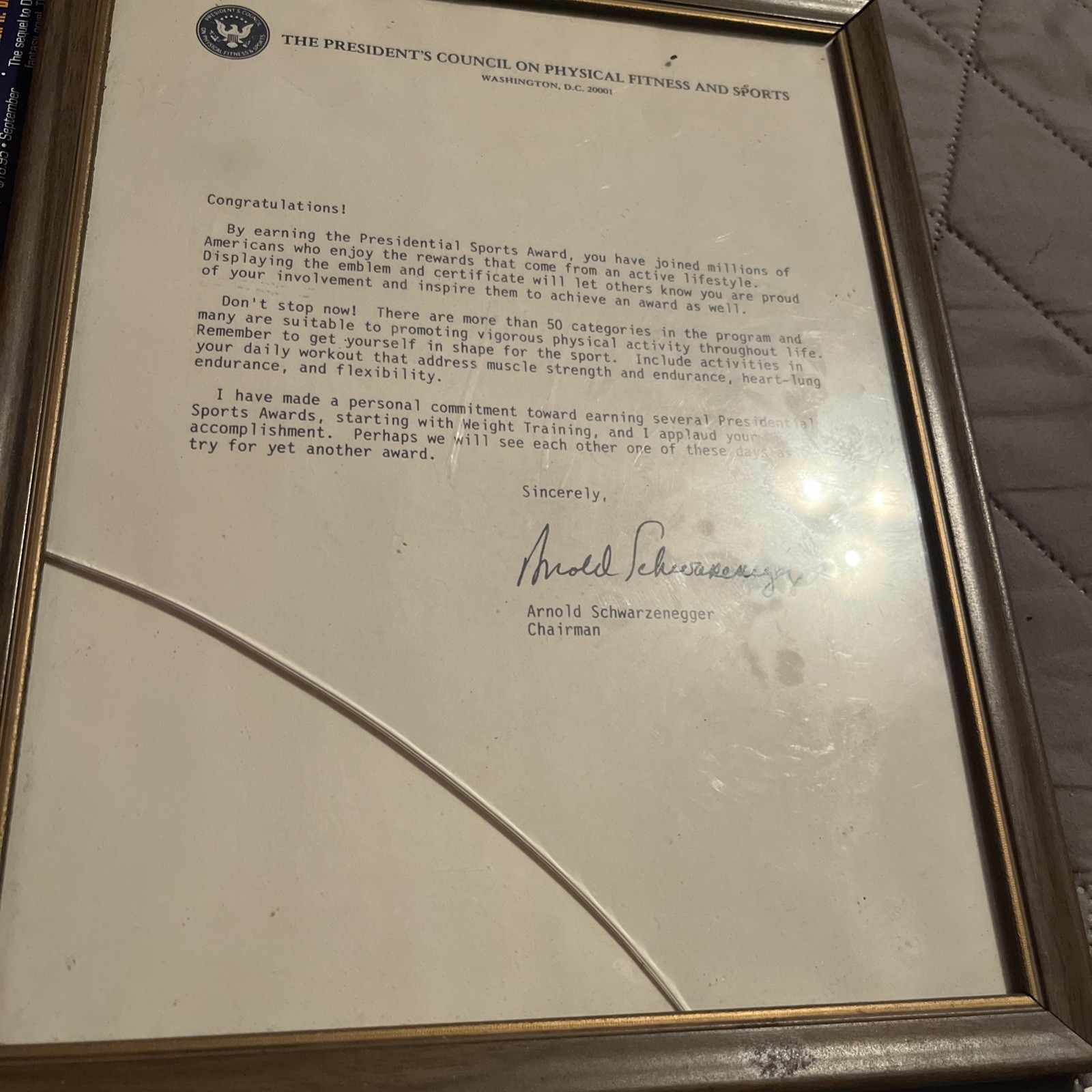Vintage Presidential Sports Award Signed By Arnold Schwarzenegger 