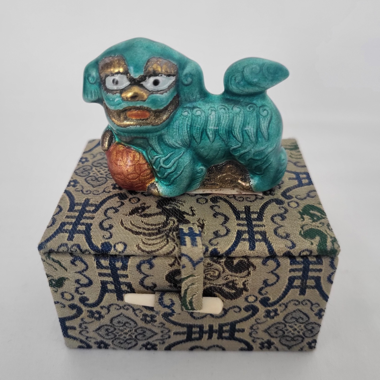 Vintage Chinese Cloisonné Enamel Foo Dog Guardian Lion Figurine Green #1