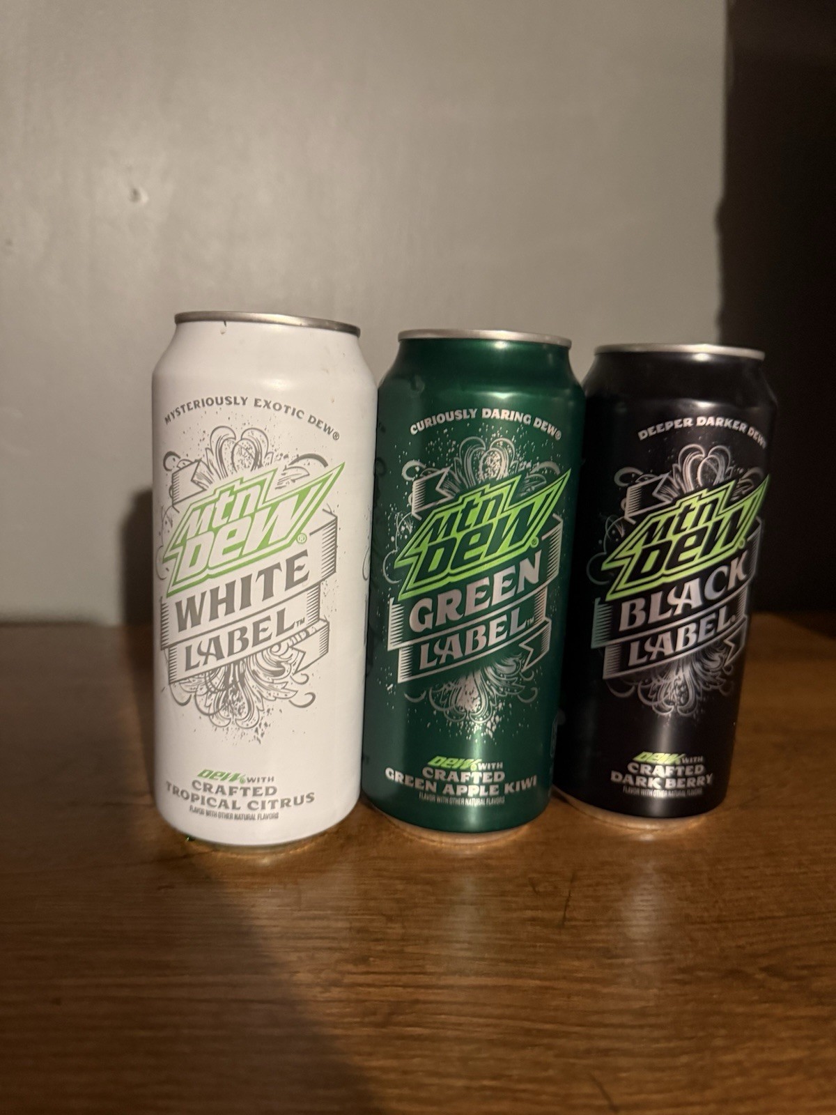 Complete Set of 3 Mountain MTN Dew Green White Black 16oz Cans Mountain Dew