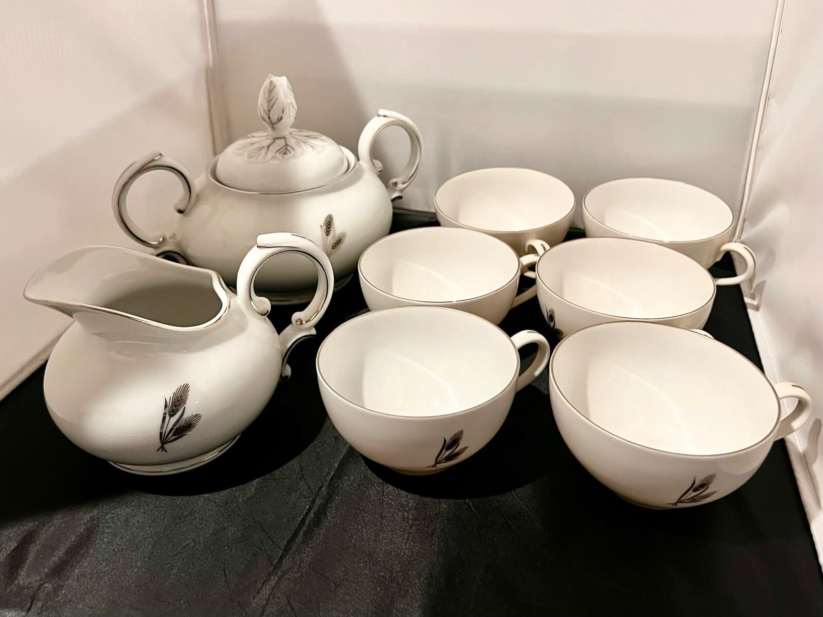 FUKAGAWA ARITA SILVER SET HANDPAINTED-Set Of 6 Cups, Sugar Bowl & Creamer
