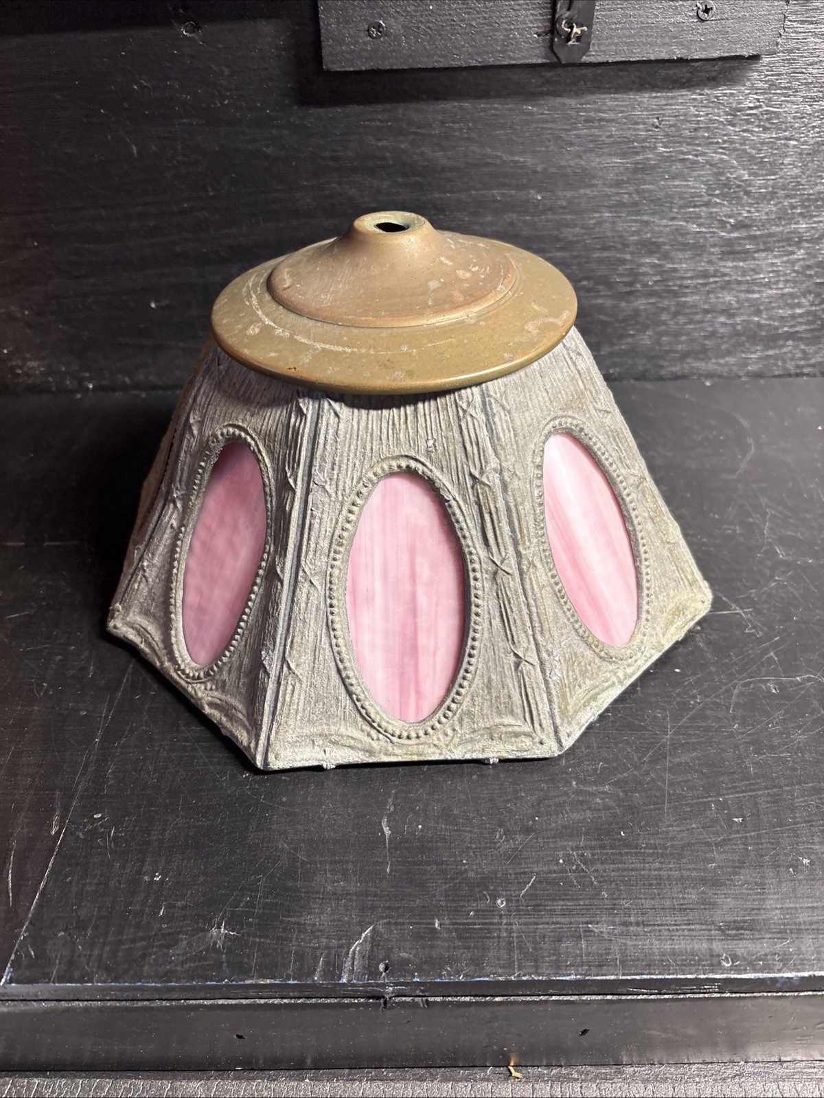 A Beautiful Antique 8 Panel Art Nouveau Pink Slag Glass & Bronze 6” Lamp Shade