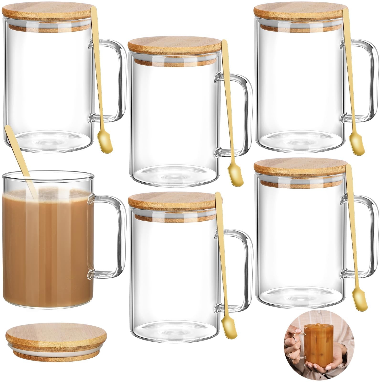 Jingmore 6 Sets 20 oz Glass Coffee Mugs with Handles, Double Wall