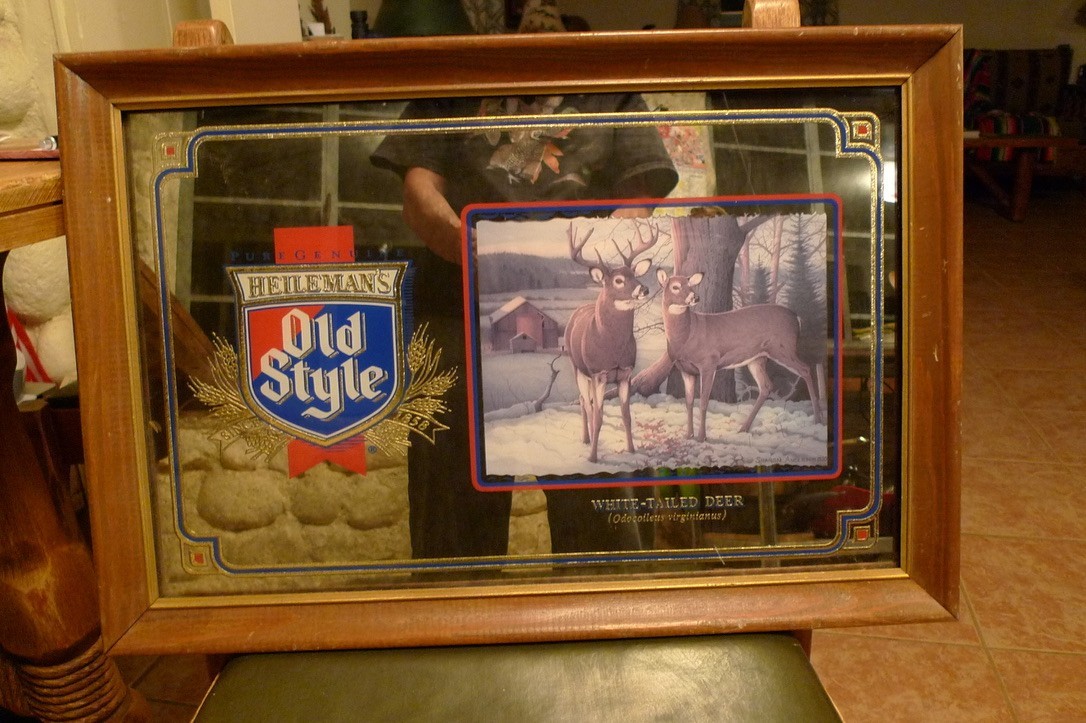 Vintage 1992 Heileman\'s Old Style Beer Mirrored Bar Sign with White Tailed Deer