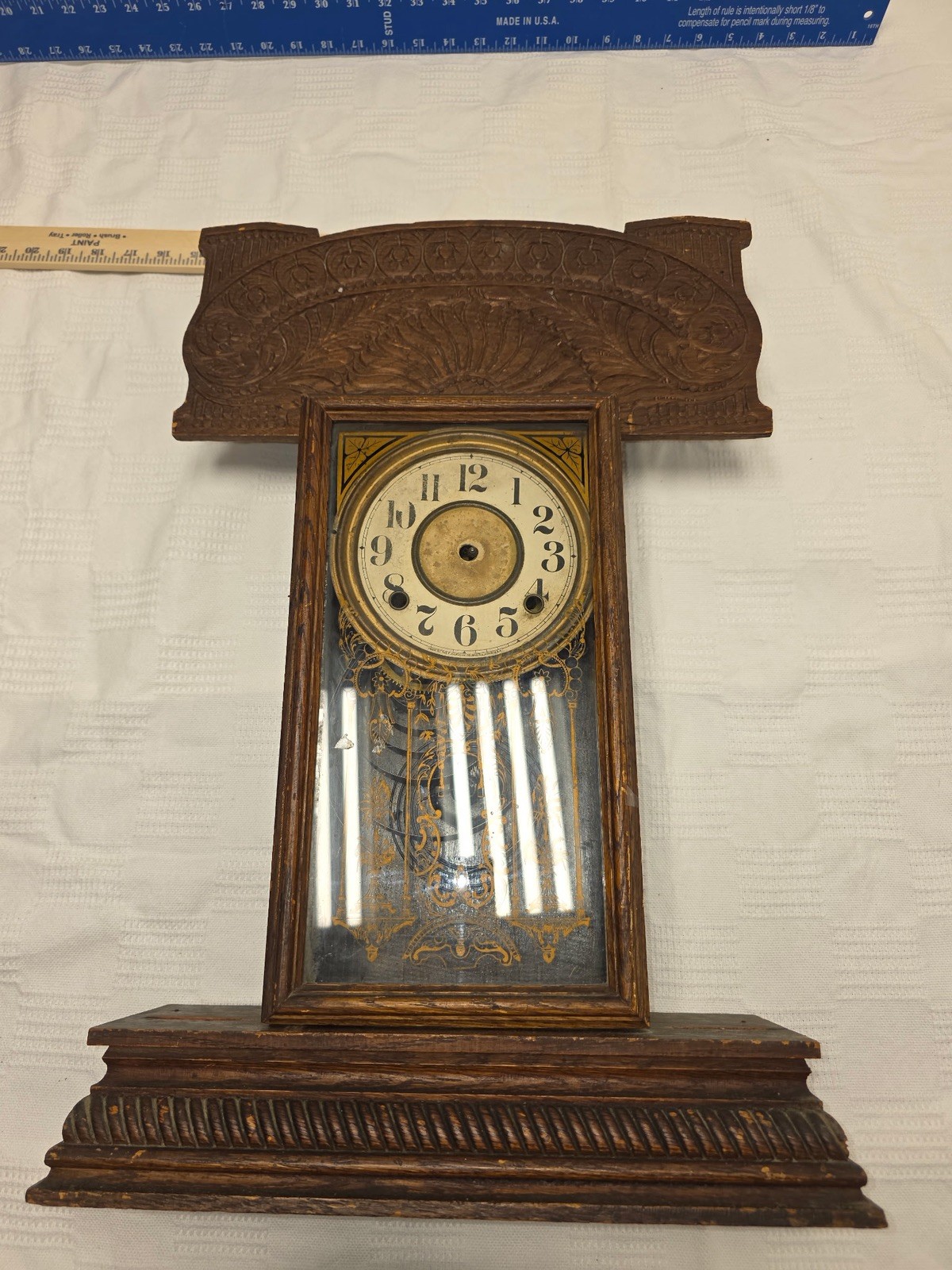 Antique E. Ingraham Company Pressed Oak With Crystal Glass Door Clock 1911-1912