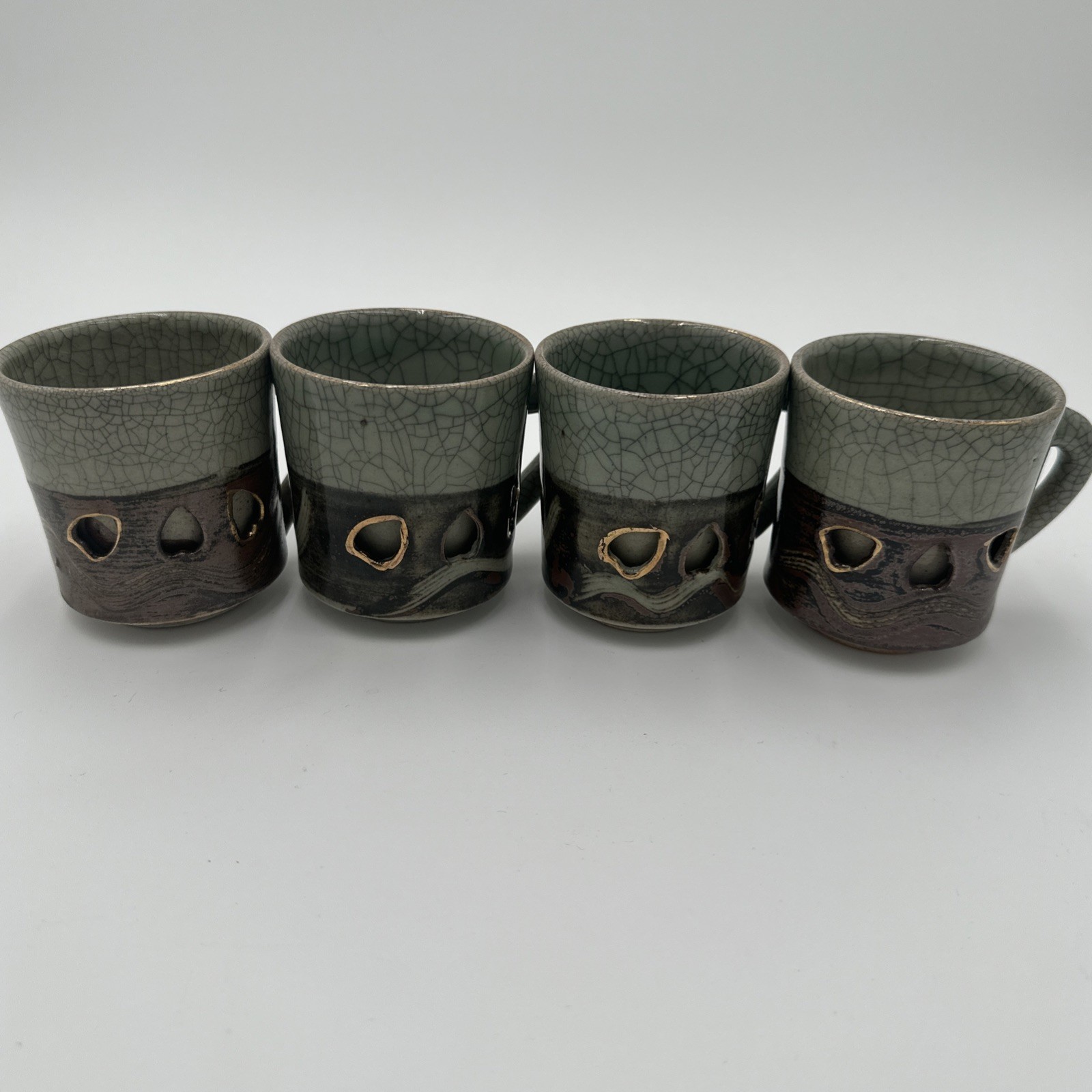 Vintage Japanese Somayaki Mugs Set of 4 Obori Soma Ware Double Wall Crackle