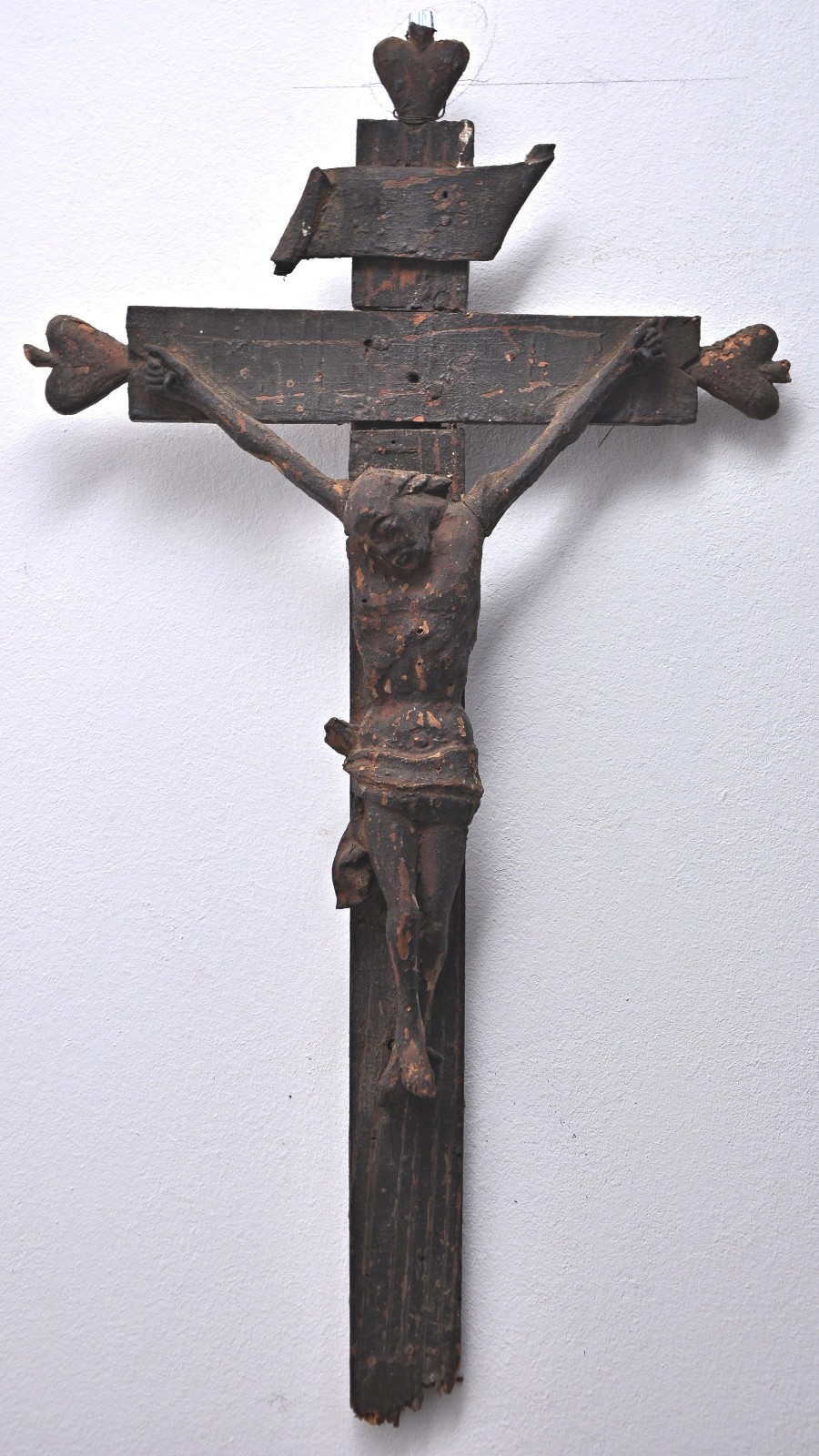 Early Antique Italian Crucifix - Hand Carved Wood Polychrome Cross Jesus 17.3