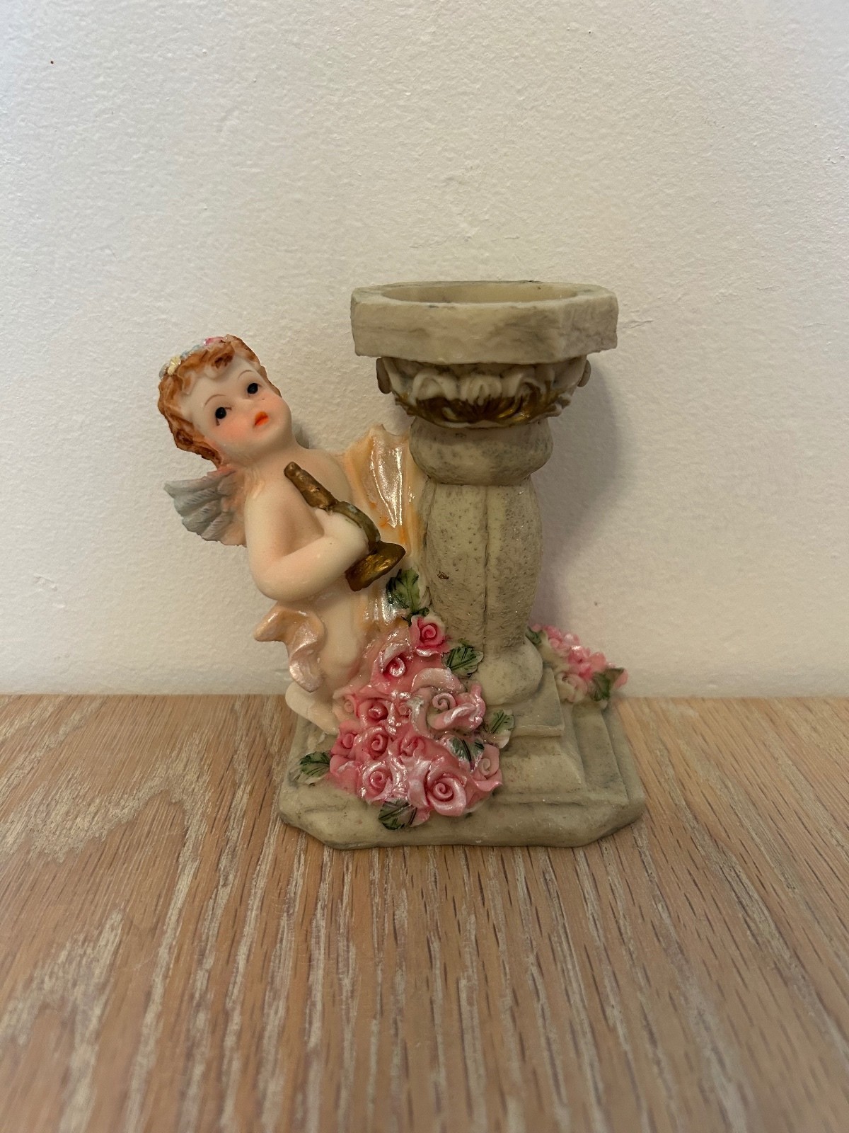 Vintage Cherub Angel Candle Holder with Pink Roses