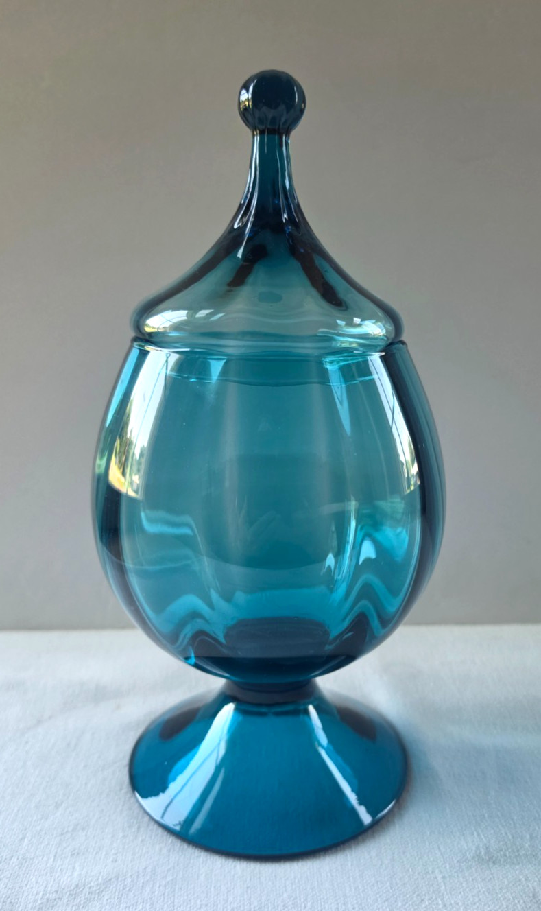 Vintage Teal Blue Circus Tent Lid Candy Dish Jar... Ribbed...Very Nice