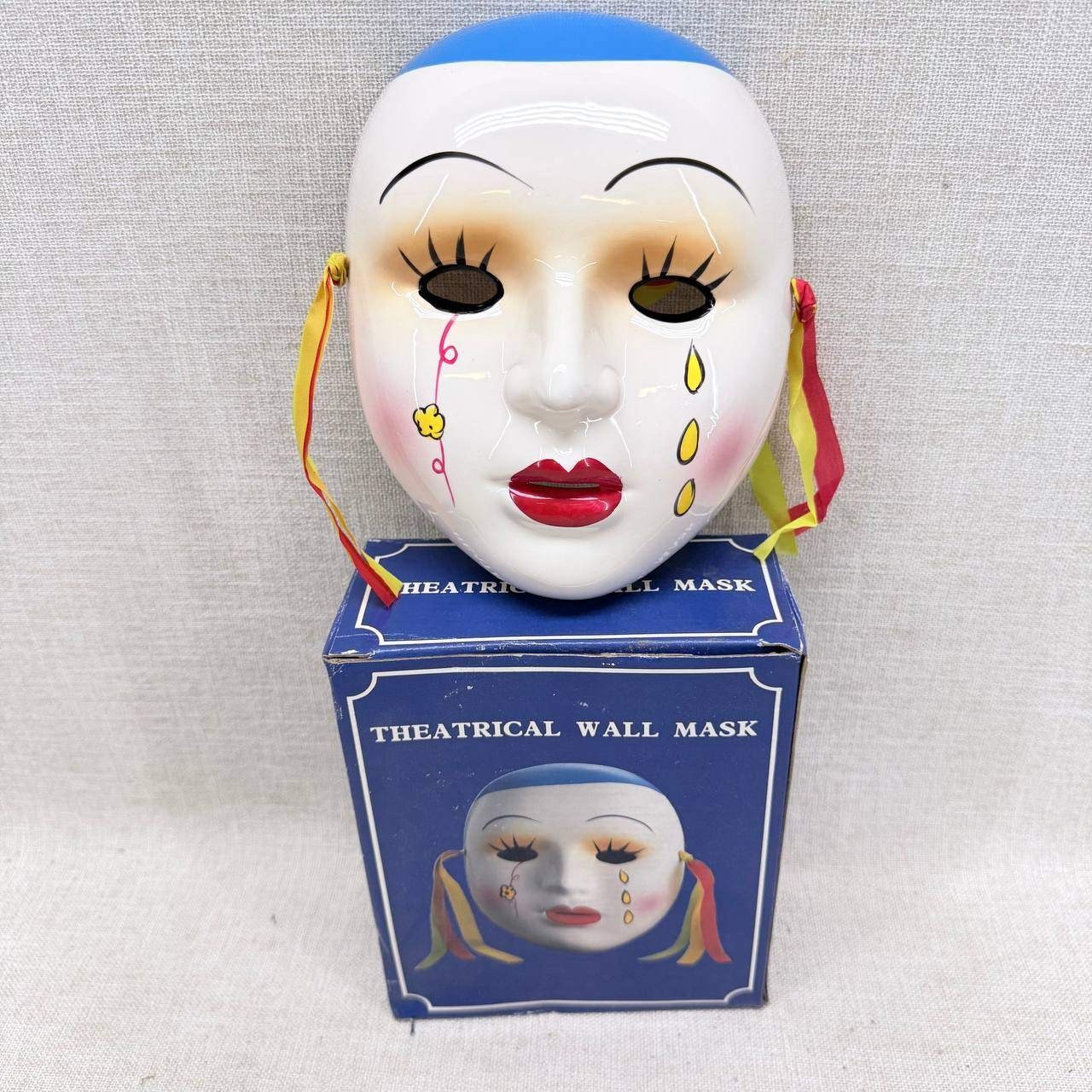 Vintage Ceramic Theatrical Wall Mask Pierrot Sad Clown Harlequin Decor with Box