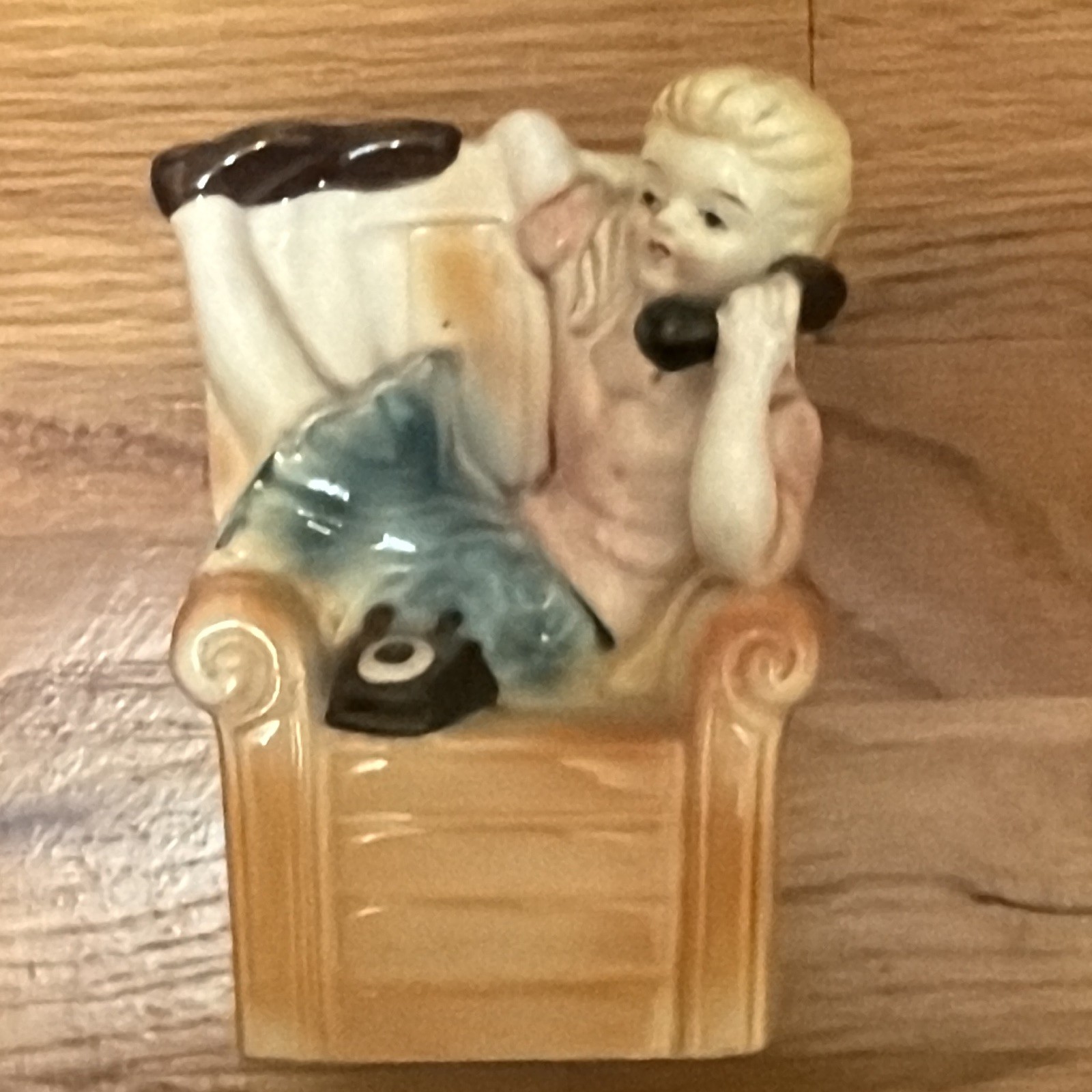 Vintage Ceramic Girl on Telephone Planter MCM Retro Kitsch Figurine Phone