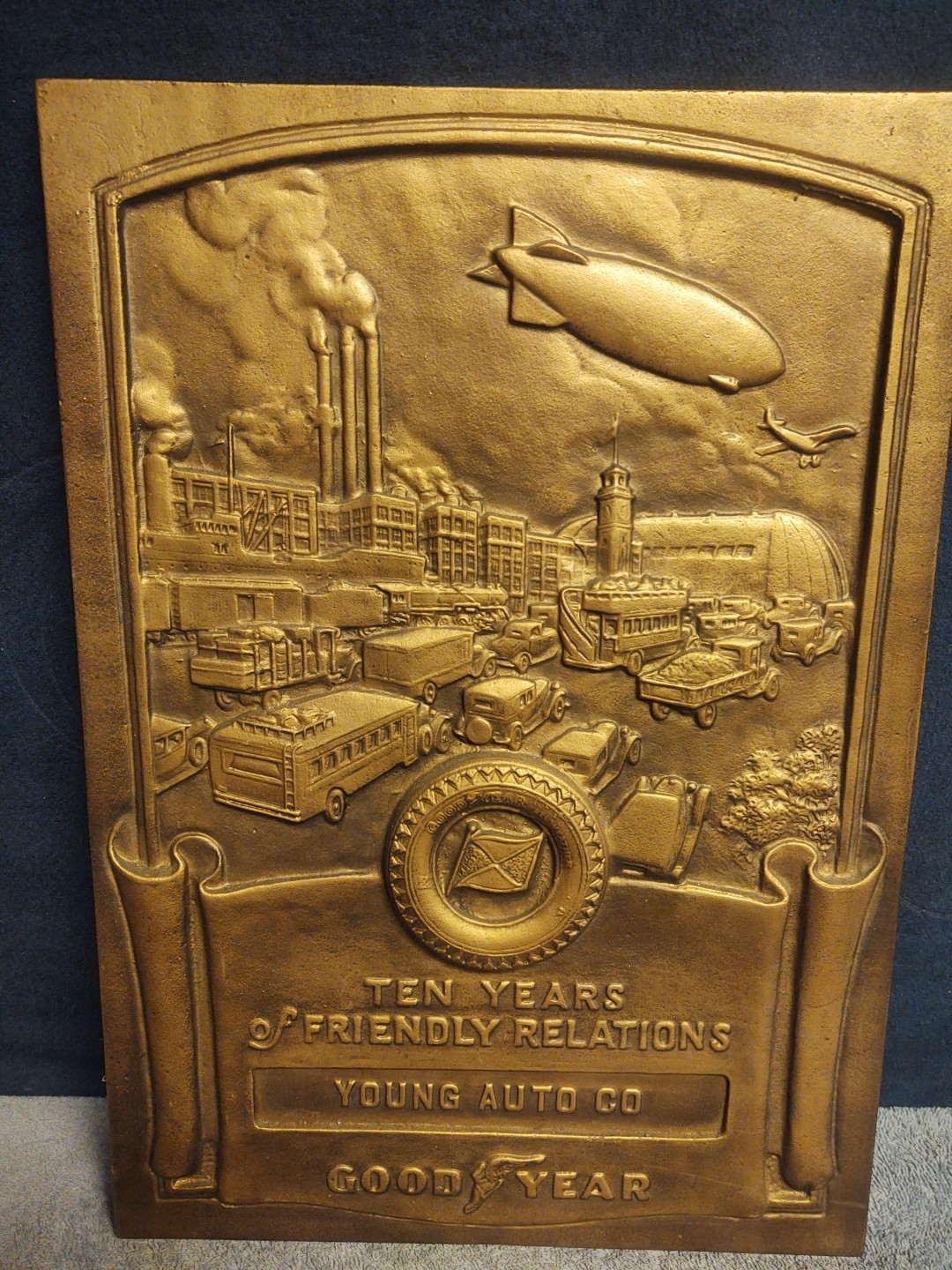Vintage Antique Goodyear Ten Years Award, Young Auto Co. Metal Plaque