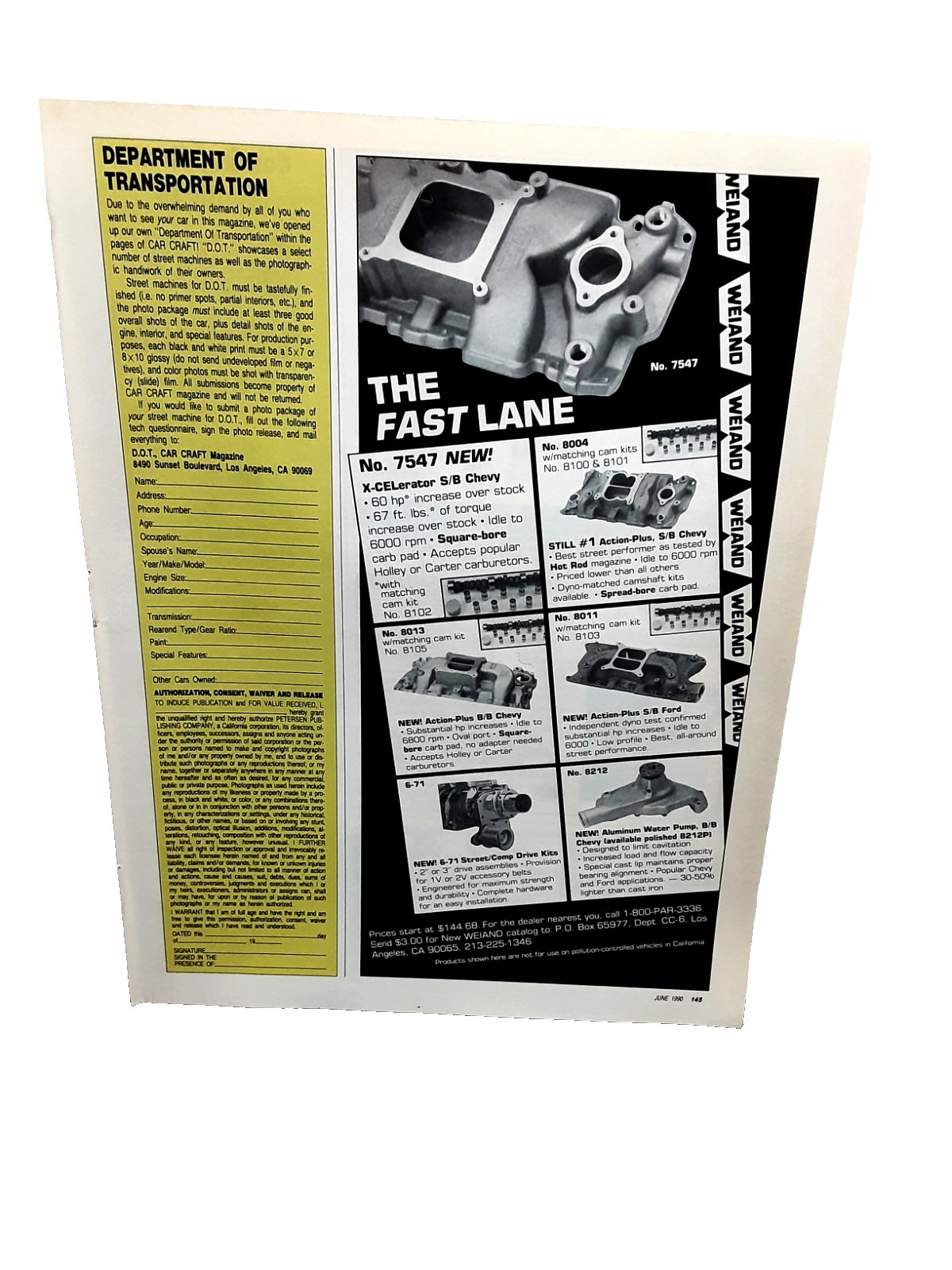 1990 Weiand The Fast Lane Vintage Print Ad Chevy Intake Manifold