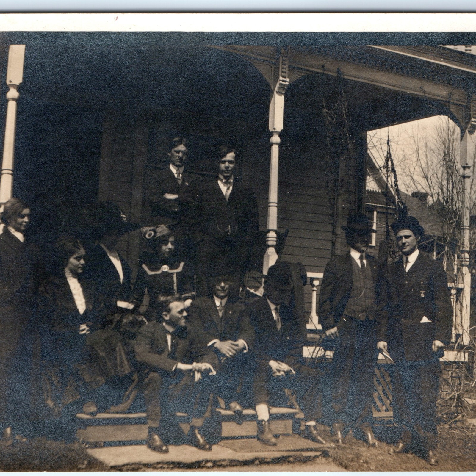 c1910s Large Family Group RPPC Postcard Victorian House Porch Men Women Fashion