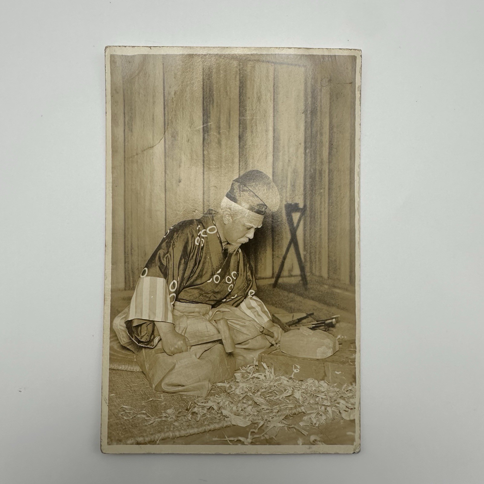 Antique Japanese Real Photo Postcard, Craftsman Woodworker