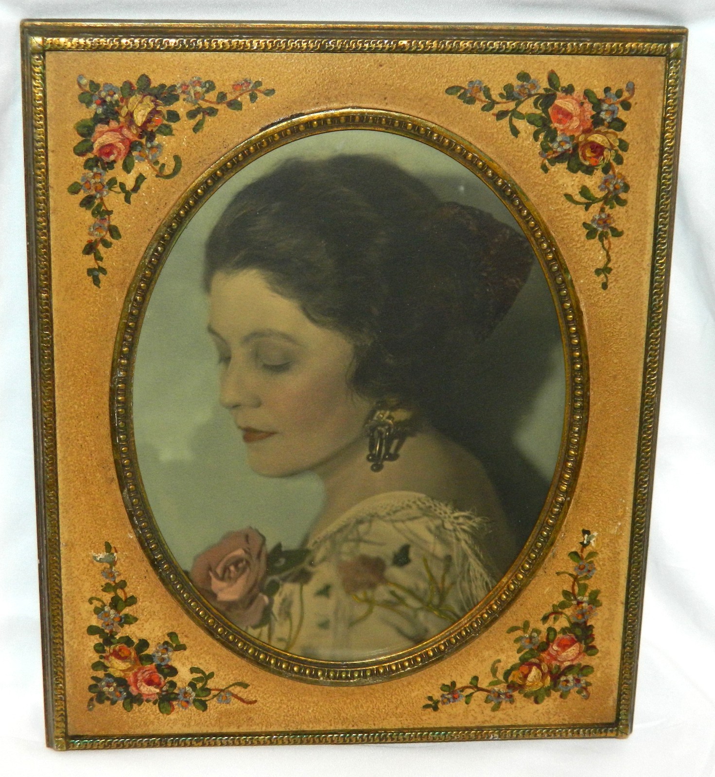 Beautiful Antique 1920s Hand Painted ROSES Corners Frame Tinted Lady Portrait