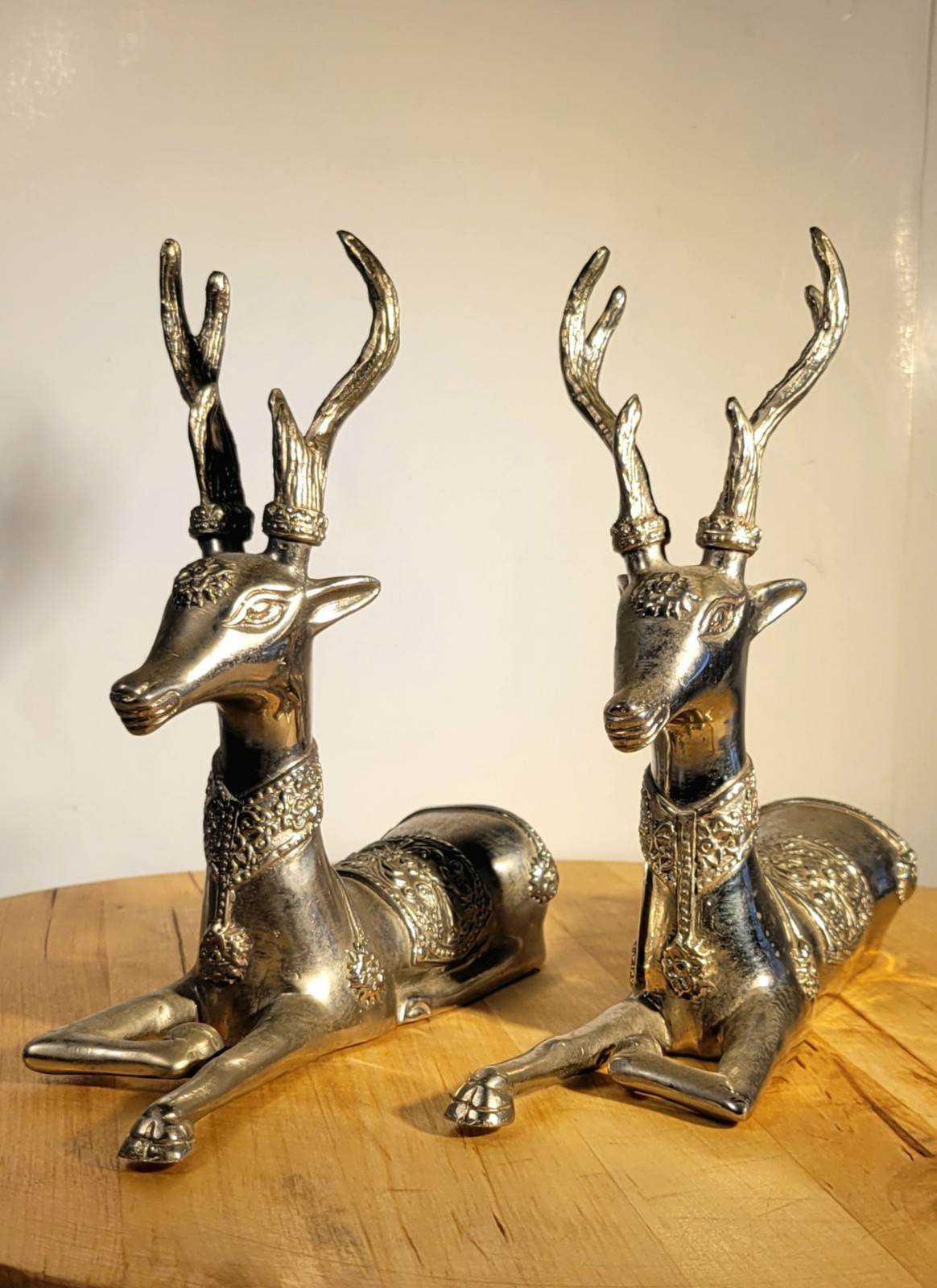 Vintage Mid Century Pair Thai Temple Deer Figurines Silver Plated Brass MCM 1970