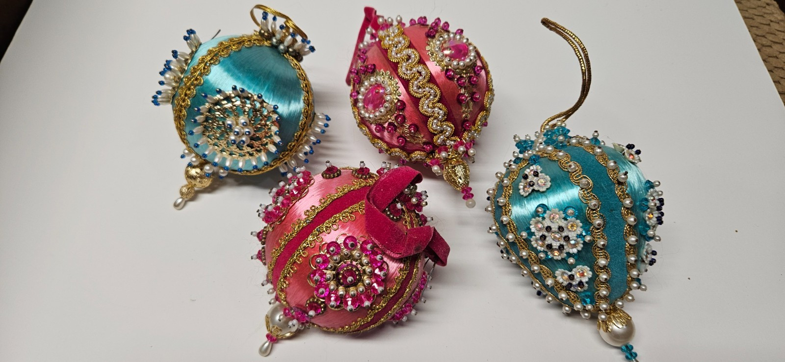 4 Vtg MCM Beaded Push Pin Christmas Ornament Lot Satin balls Jeweled pearls 4