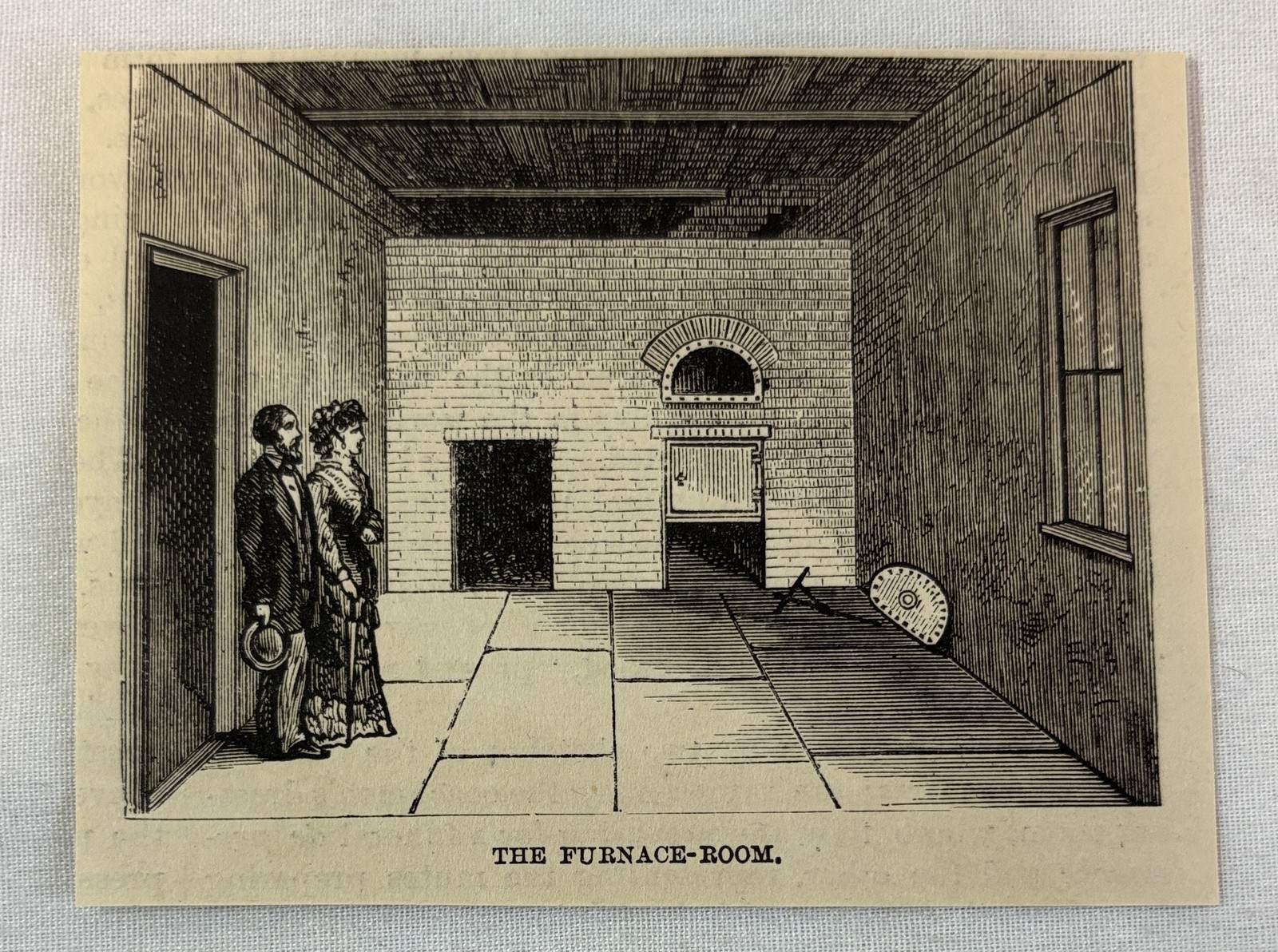small 1883 magazine engraving ~ THE FURNACE ROOM In The Crematorium