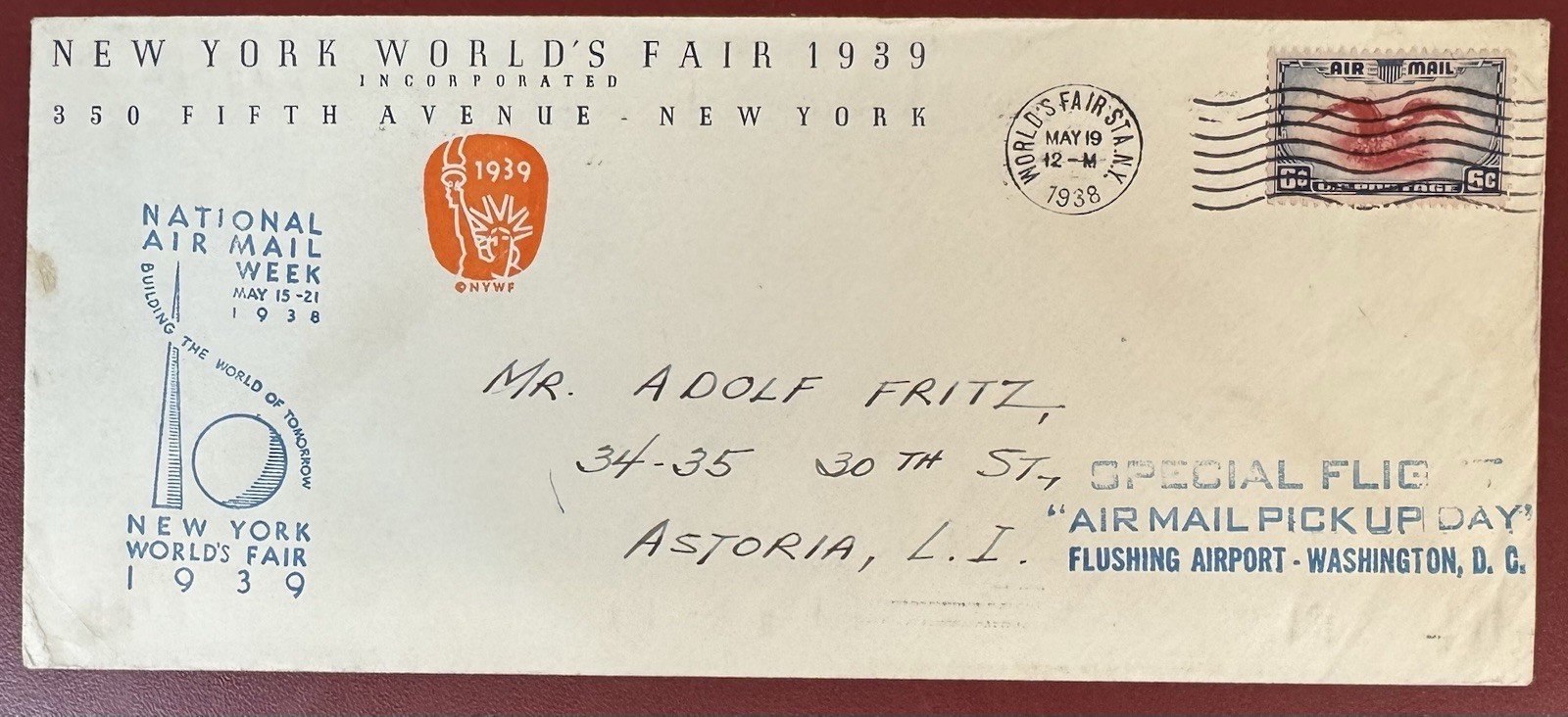 1939 N.Y. World\'s Fair, Scott #C23, Flight Cover and Letter, Airmail Pick Up Day
