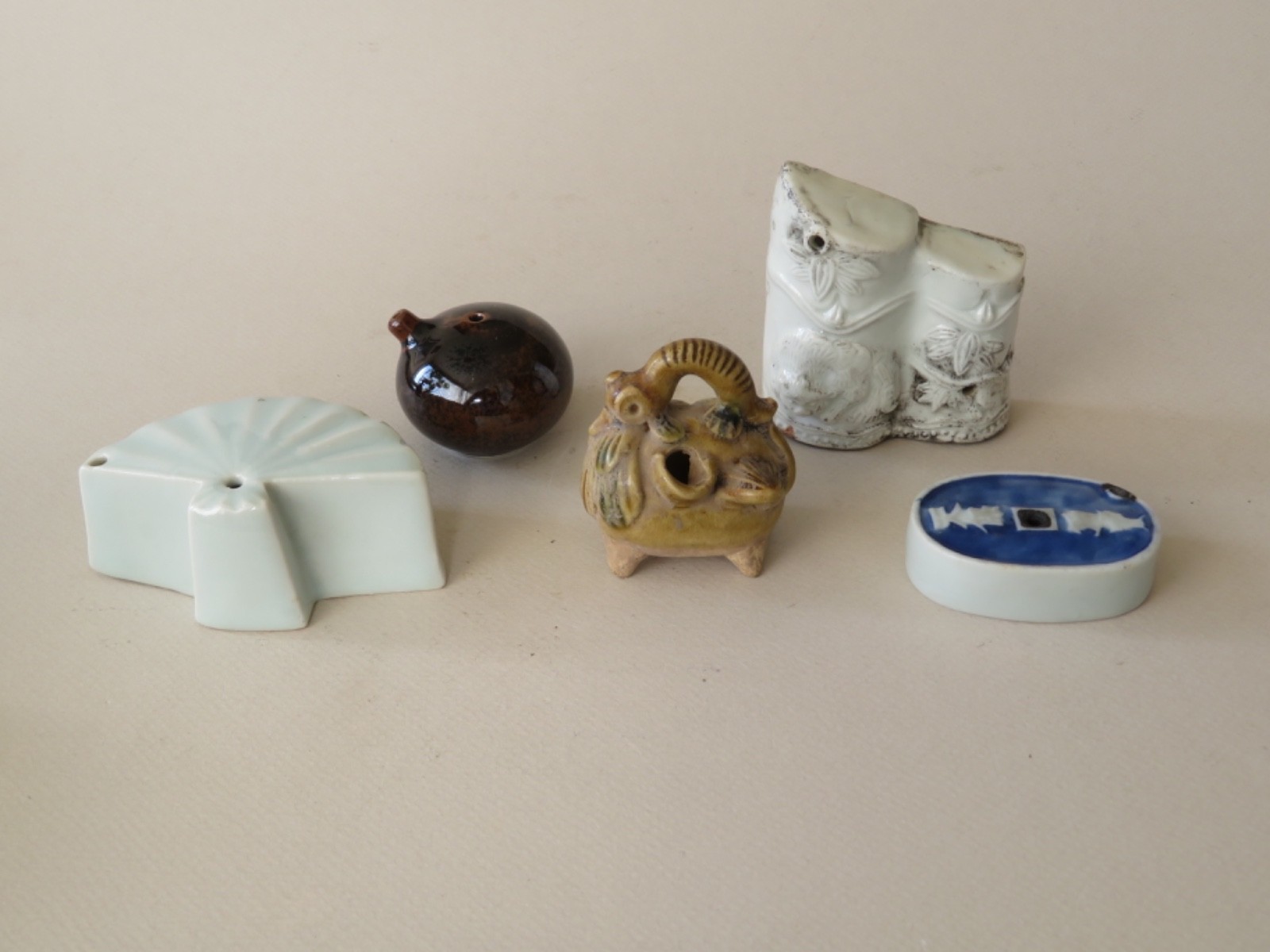 5 ASIAN WATER DROPPERS - CHINESE, JAPANESE, KOREAN - FAN, BAMBOO, ANIMAL,