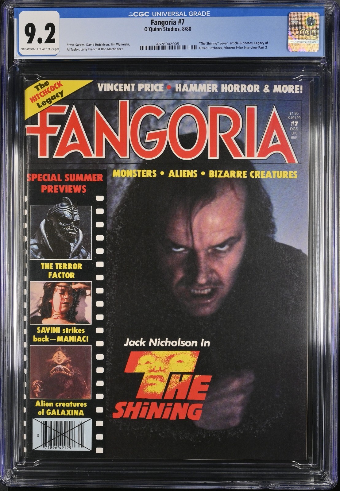 Fangoria #7 Nicholson Stephen King SHINING 1980 Maniac Hammer Hitchcock CGC 9.2