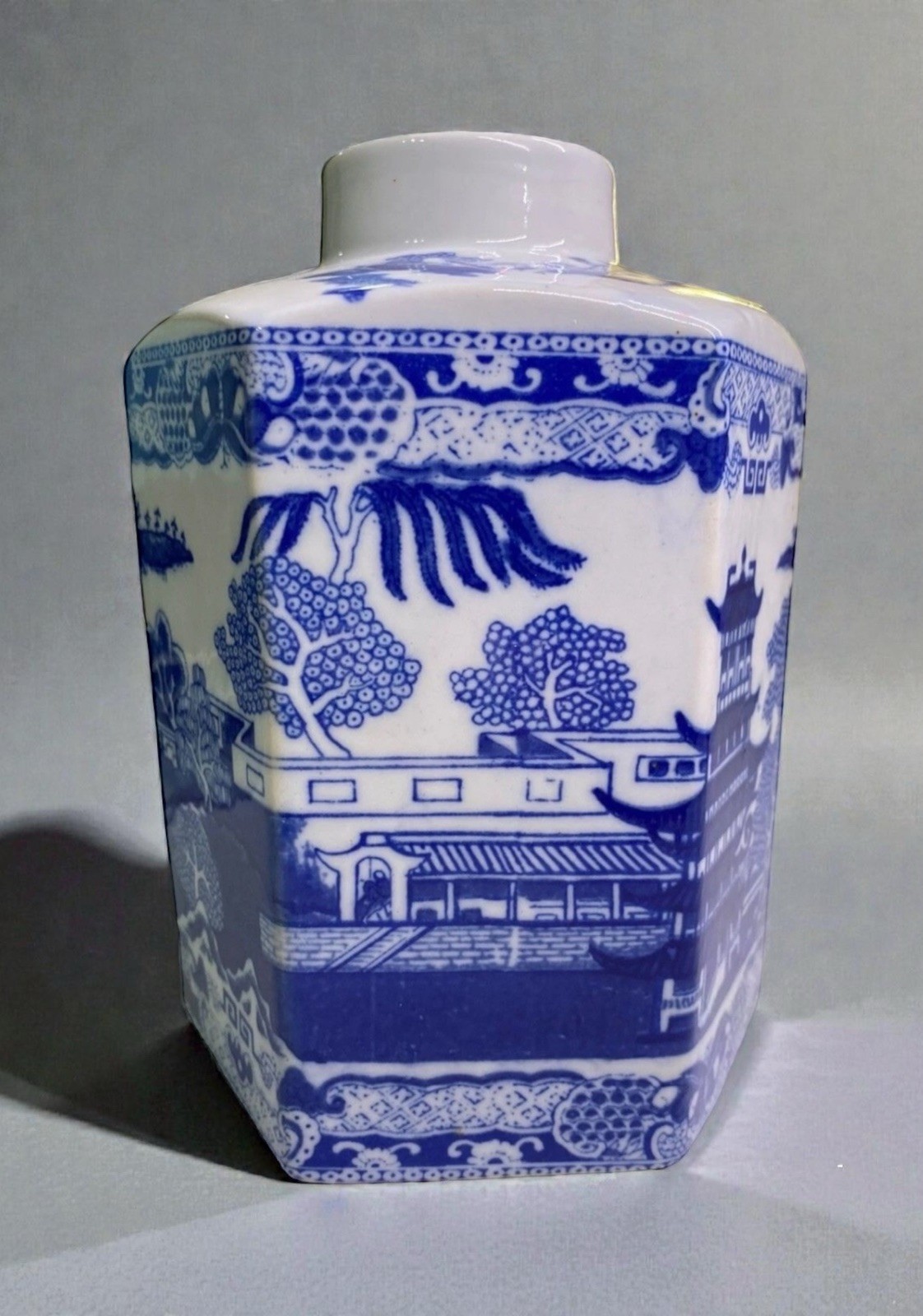 Ringtons Tea Merchants Blue & White Hexagonal Tea Caddy Jar Newcastle 7”