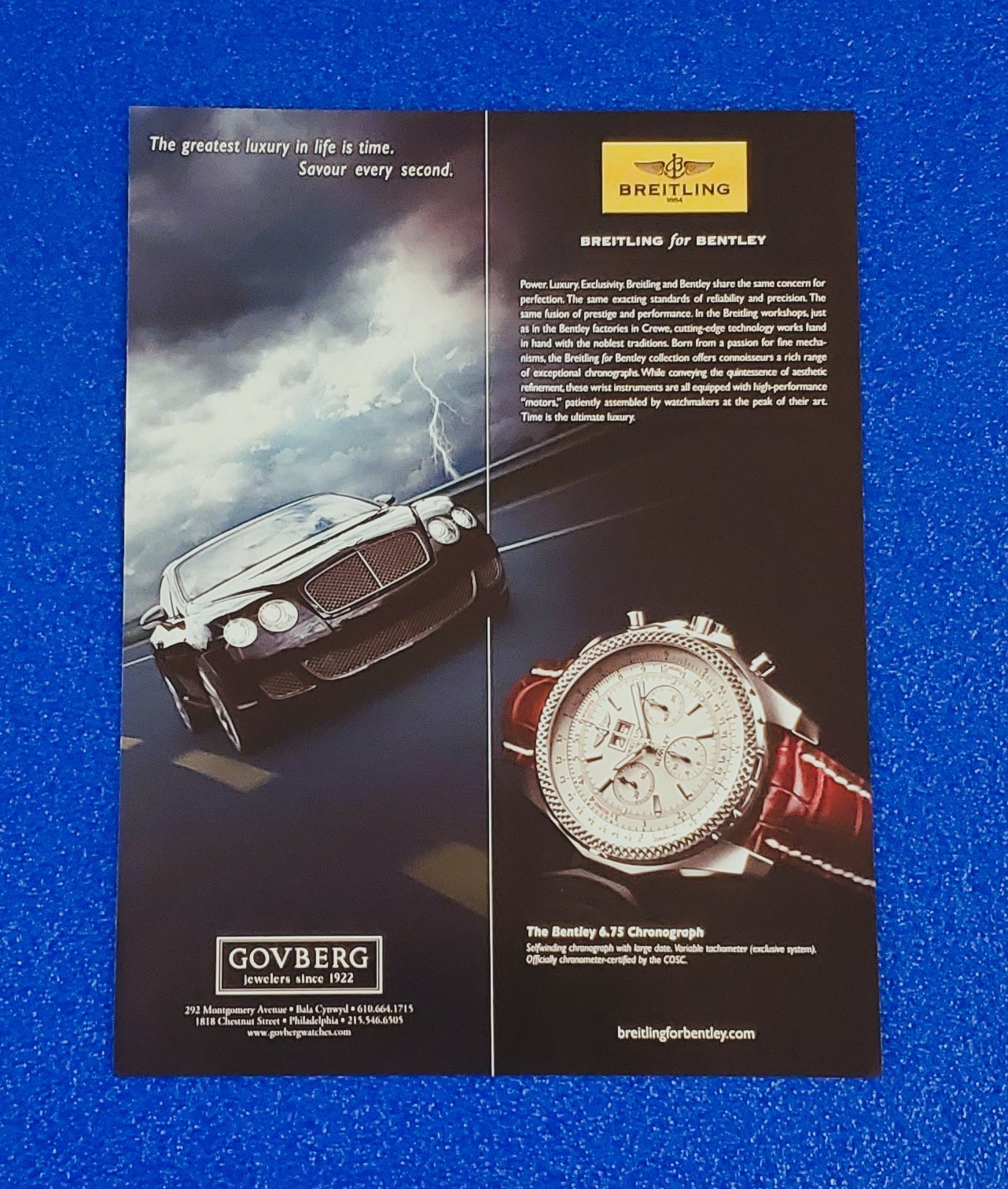 Breitling for Bentley 6.75 Vintage Chronograph Wristwatch 2008 Classic Print Ad