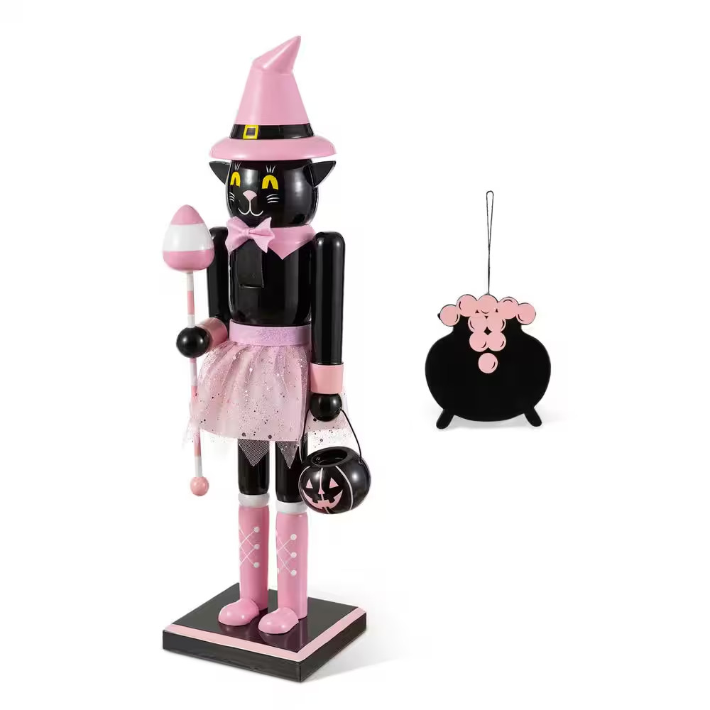 18.25 In. H Halloween Wood Pink Cat with Ornament Nutcracker