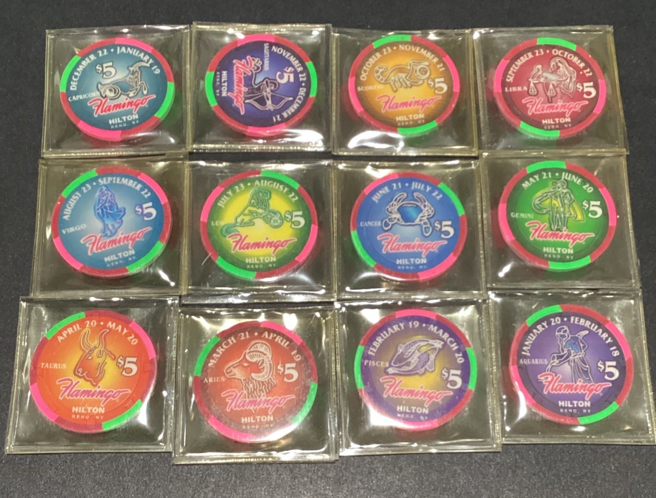 Flamingo Hilton Reno $5 Casino Chip Set-12 Pc- Zodiac Signs- Complete- New