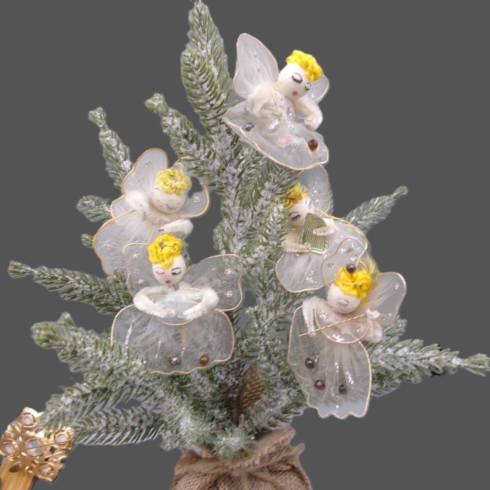 5 Spun Cotton Tulle Angel Ornaments Tie Ons Set, Vintage Christmas Lot