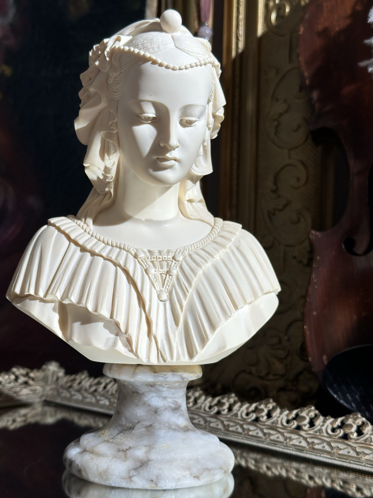 Vintage Ivory Alabaster Bust of Anjelica Maria By A. Giannelli, 9” Marble Base