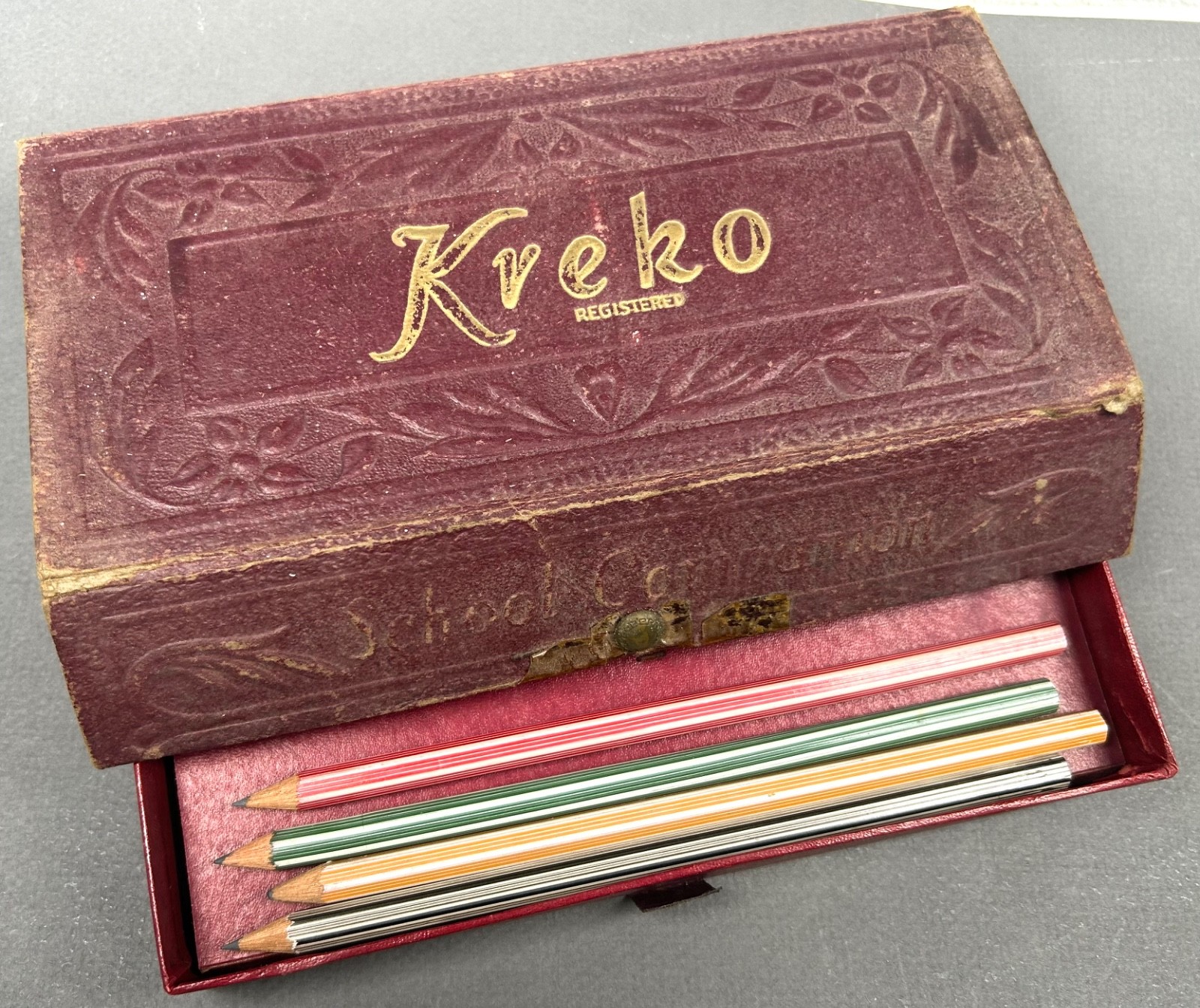 Vintage 1920s 1930s Kreko School Companion Pencil Box Drawer Pencils Ruler As Is