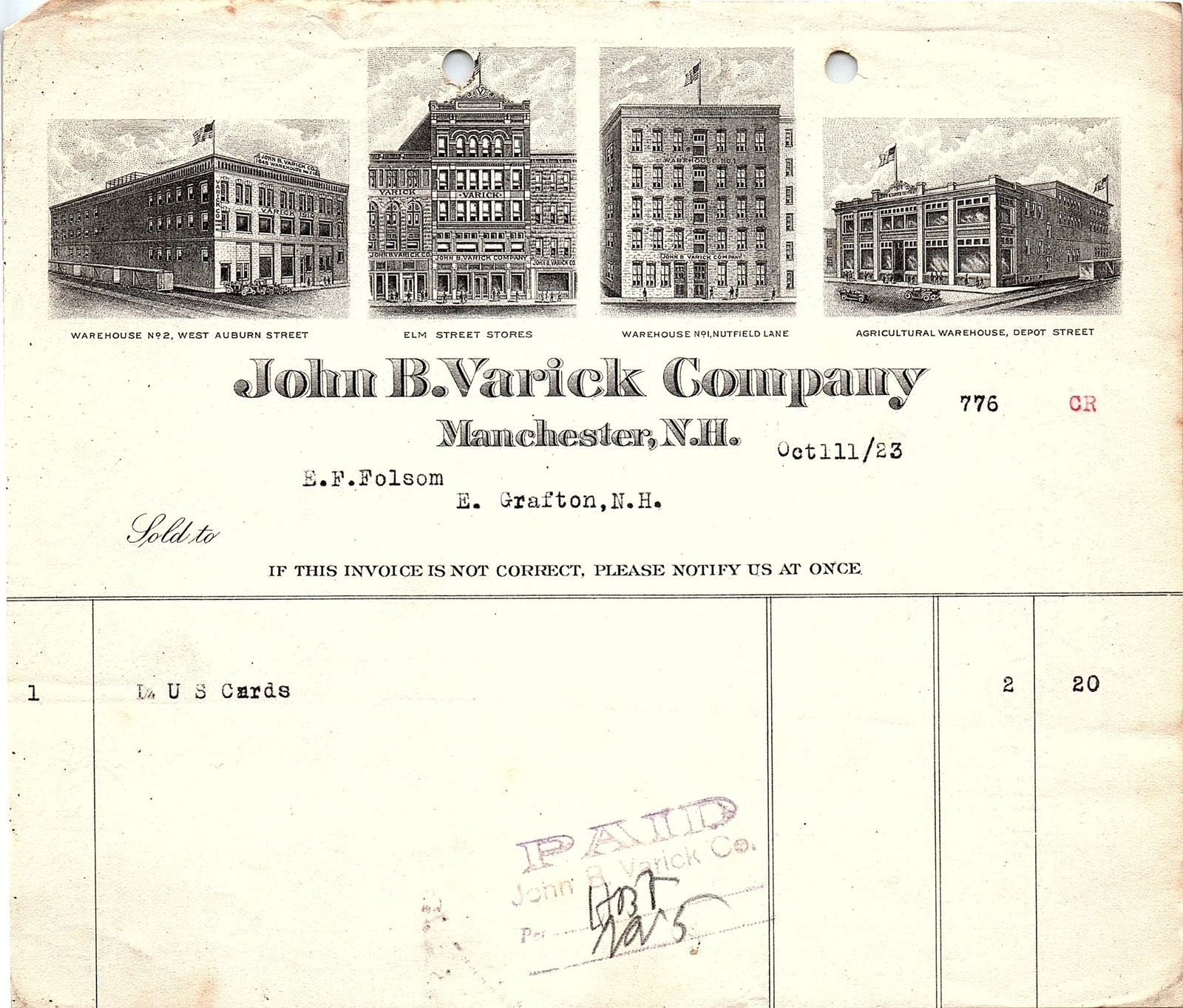 1923 John B. Varick Co. Manchester NH billhead with 4 views