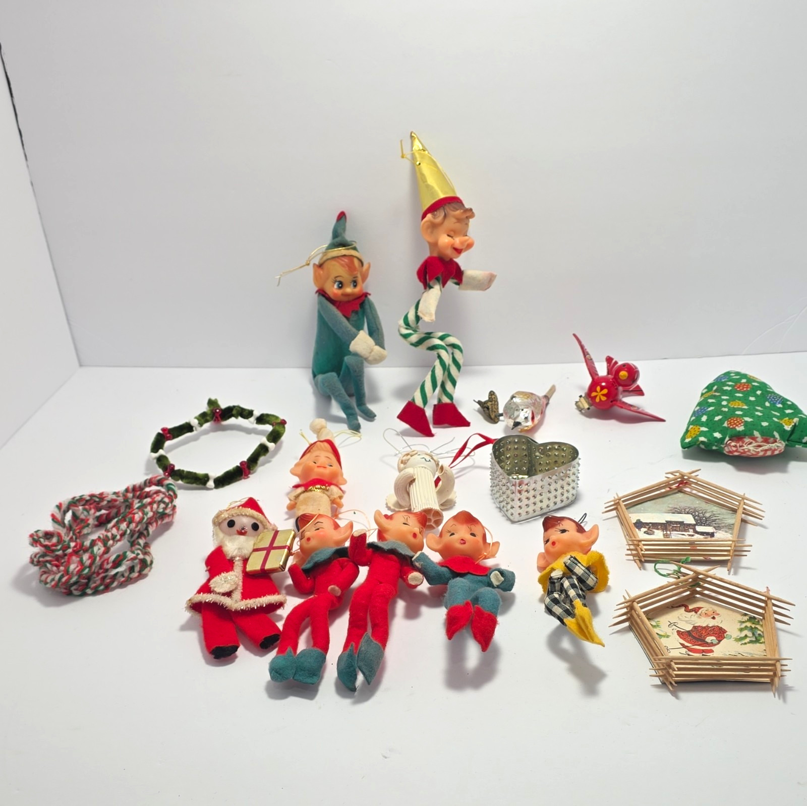 Vintage Christmas Ornament Lot Knee Hugger Pixie Elves Santa MCM Japan Style