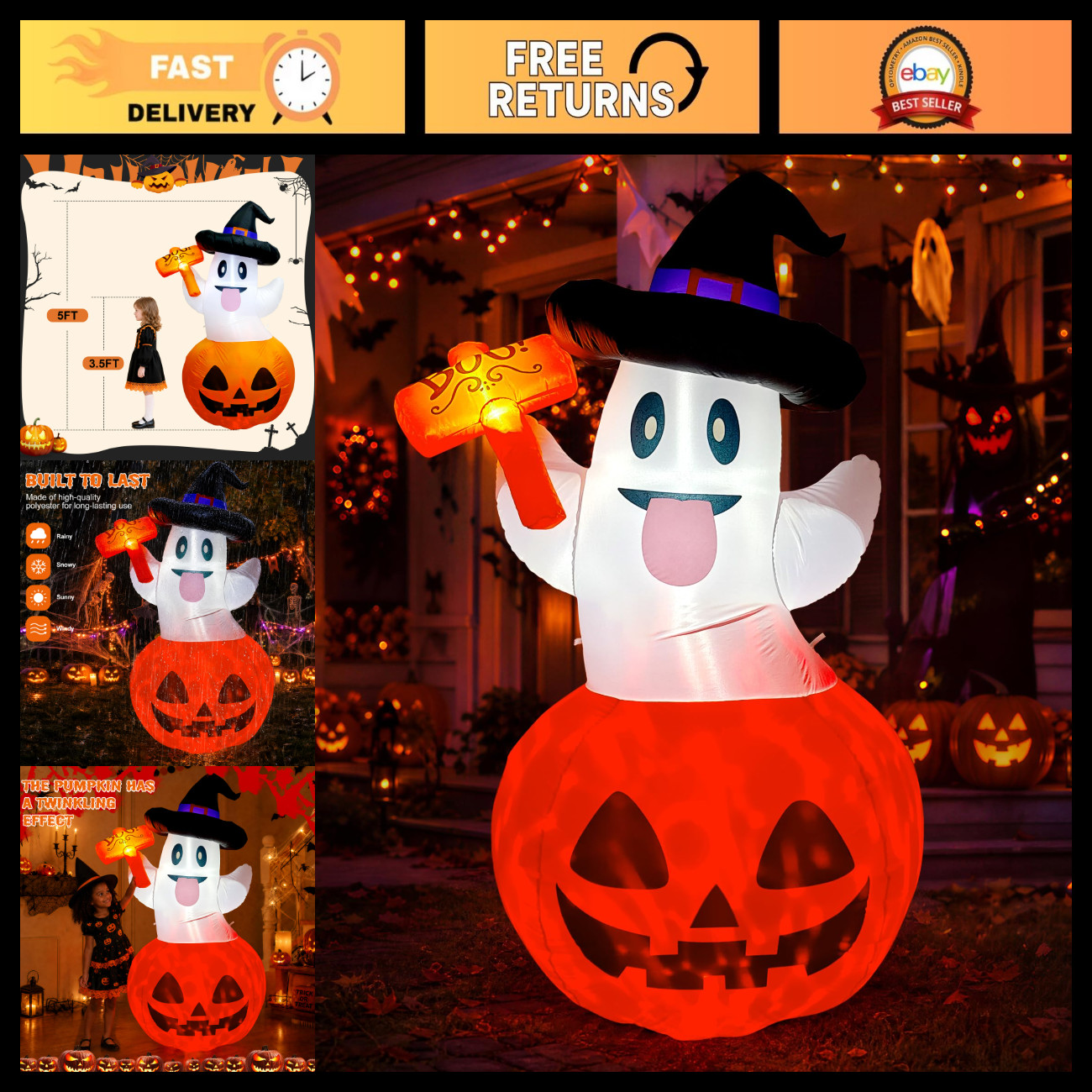 5 FT Halloween Inflatable Pumpkin Ghost, Inflatable Halloween Decorations