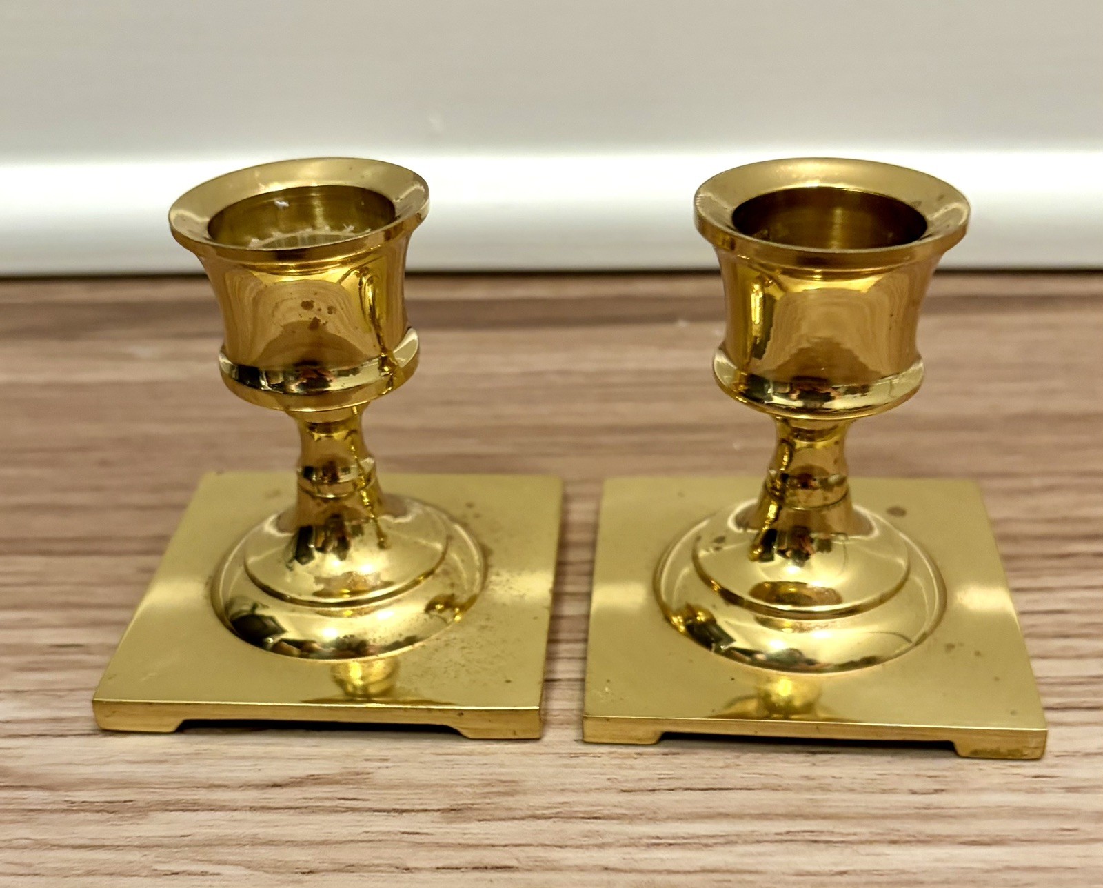 Pair Of Small Brass Square Base Candlestick Holders Vintage Style Partylite 