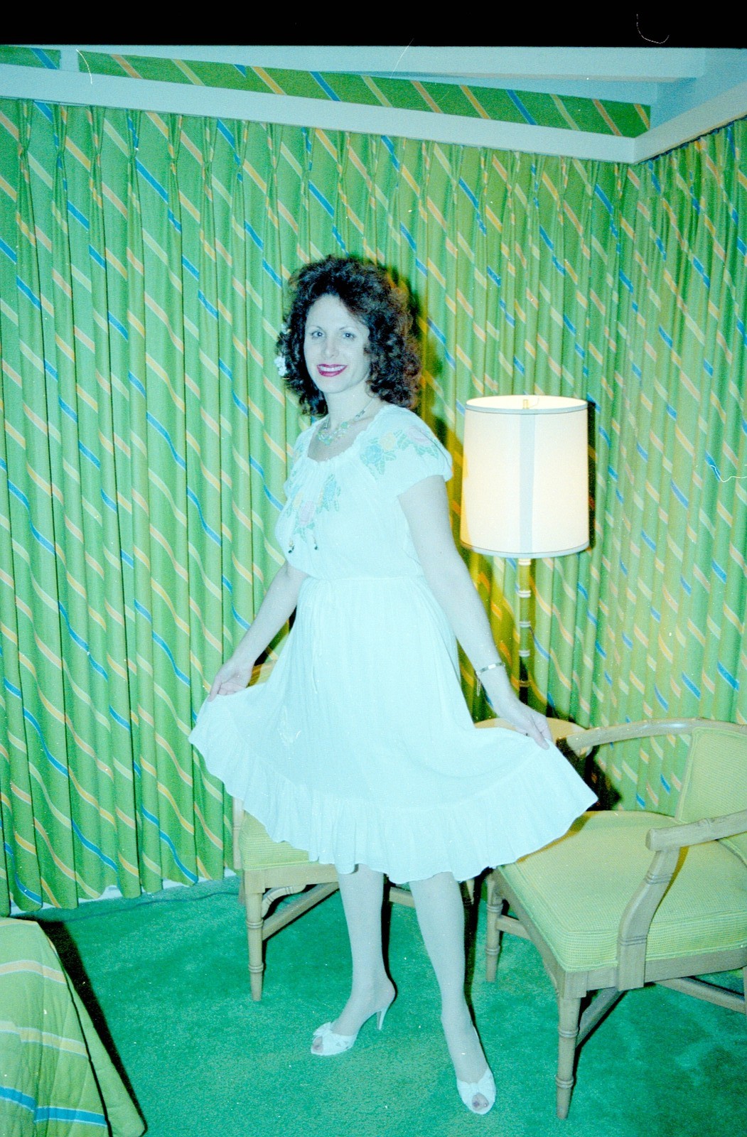 1991 Woman in White Ruffle Dress Posing Indoors Night 35mm Negative