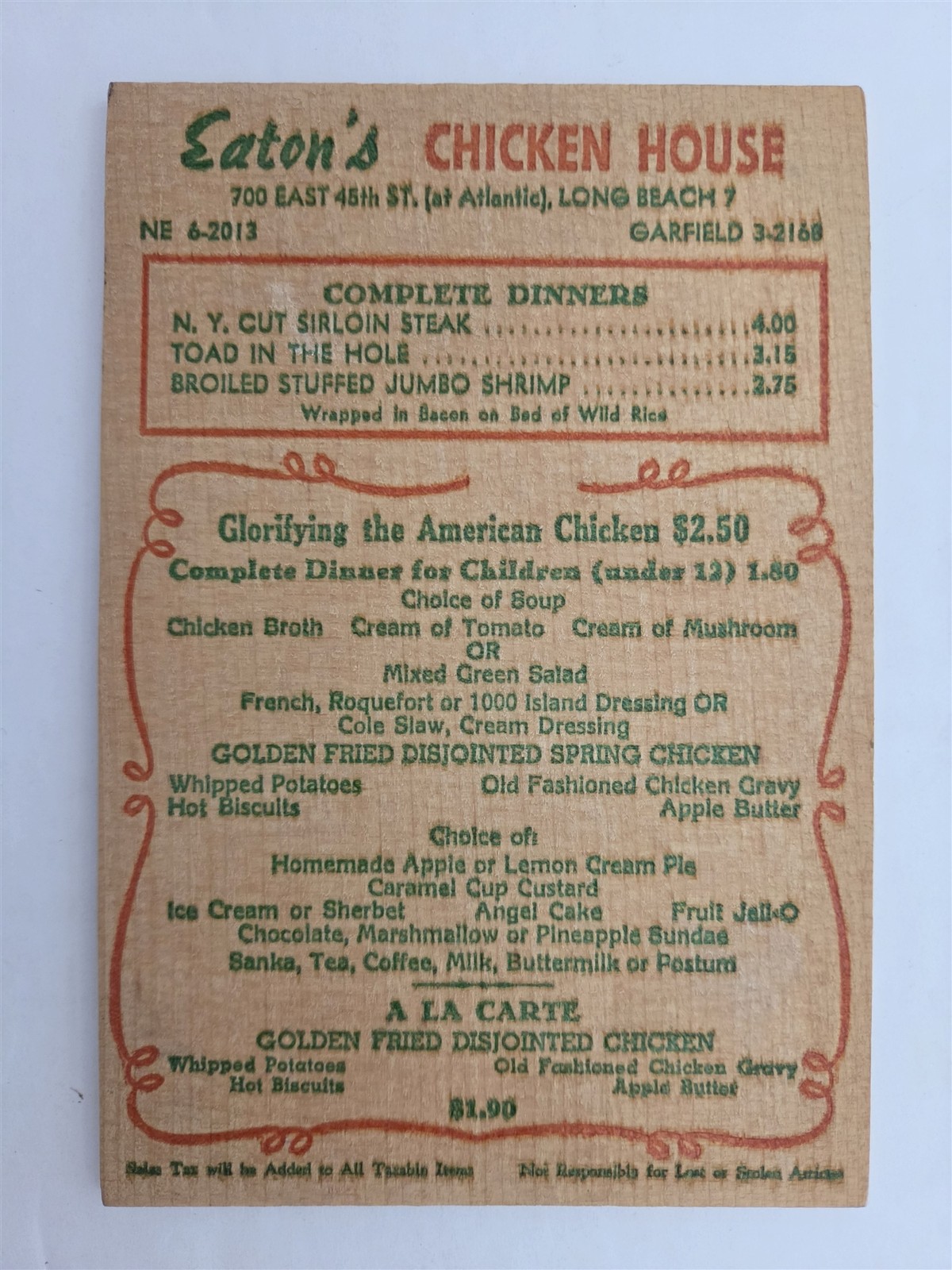 1950s vintage EATON\'S CHICKEN HOUSE long beach ca MENU wooden POSTCARD