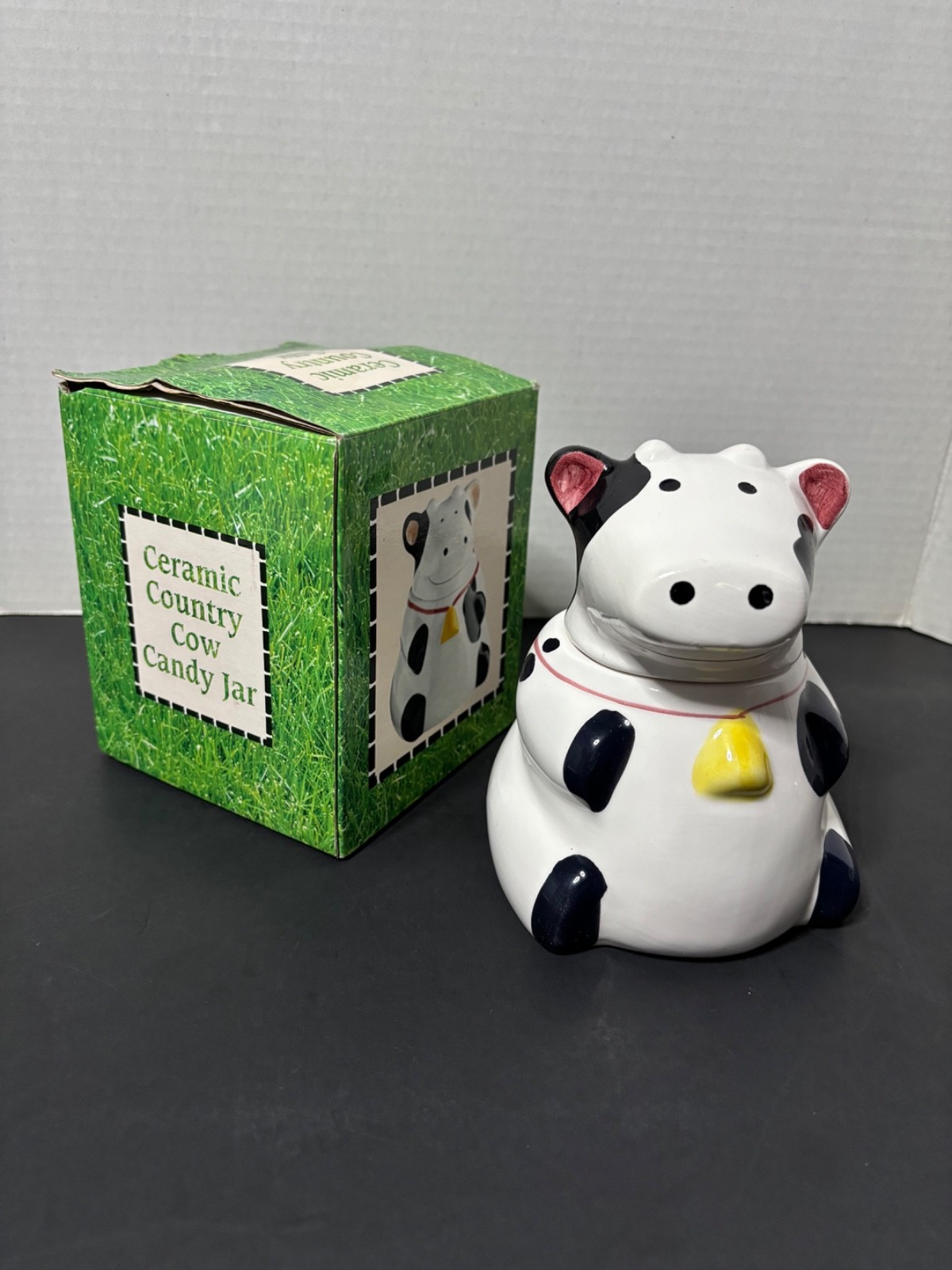 Vintage Giftco Ceramic Country Cow Candy Jar 8066 Boxed Holstein Farmhouse Decor
